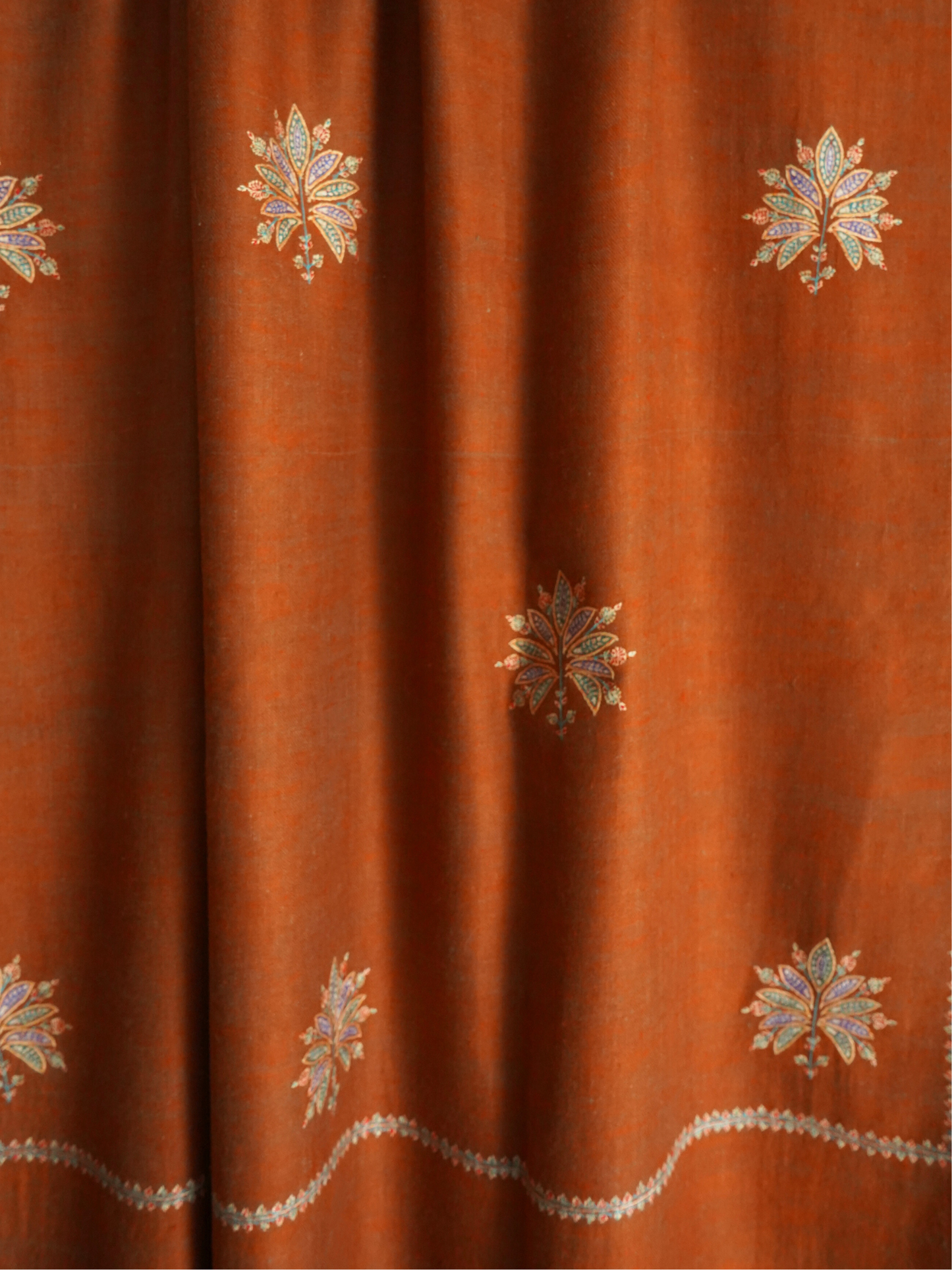 Reversible Brown & Rust Pashmina Shawl with Multicolor Floral Embroidery