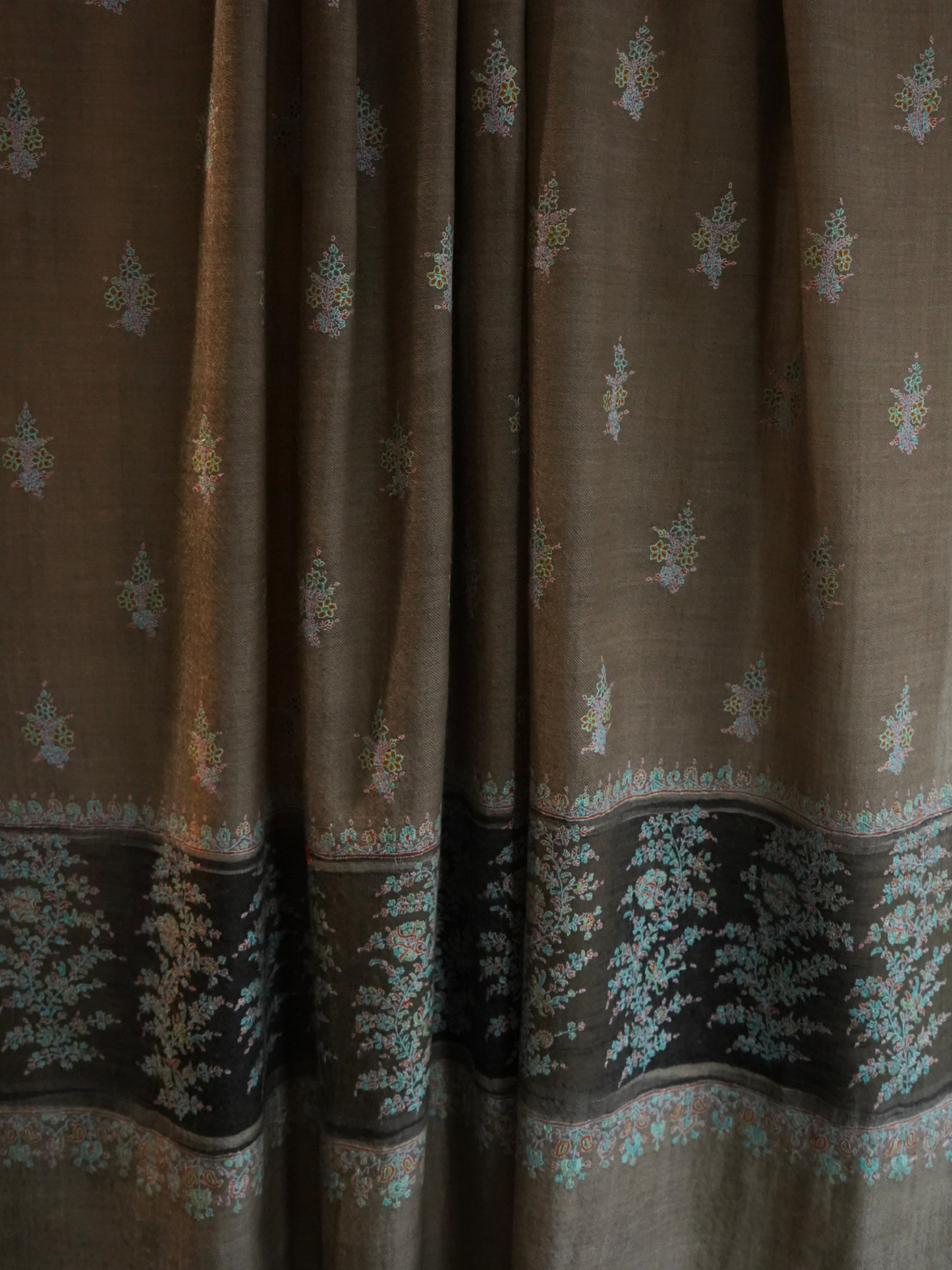 Grey Pashmina Shawl with Floral Motifs and Ikkat Striped Border