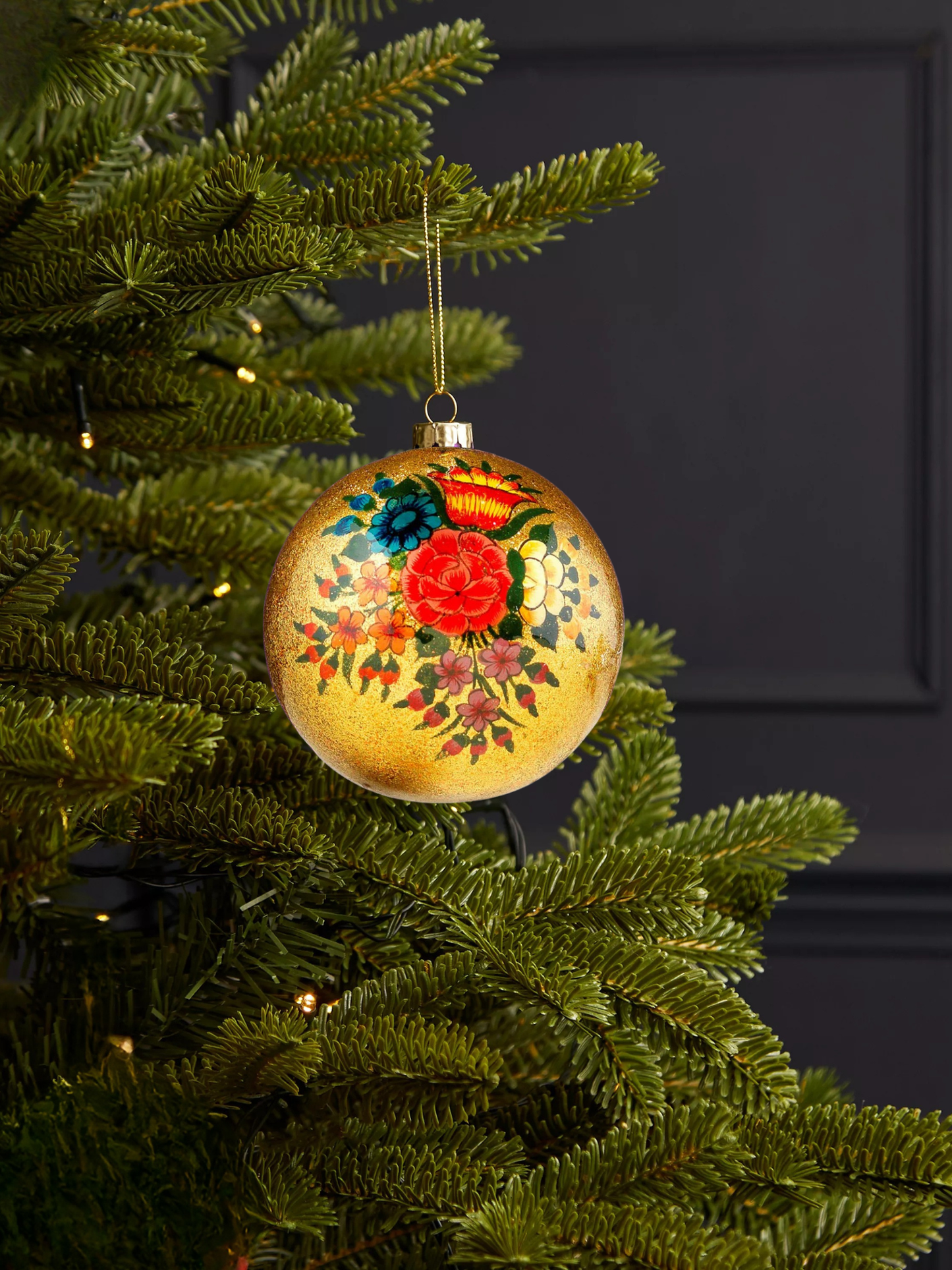 Floral Glitter Bauble Gold and Red