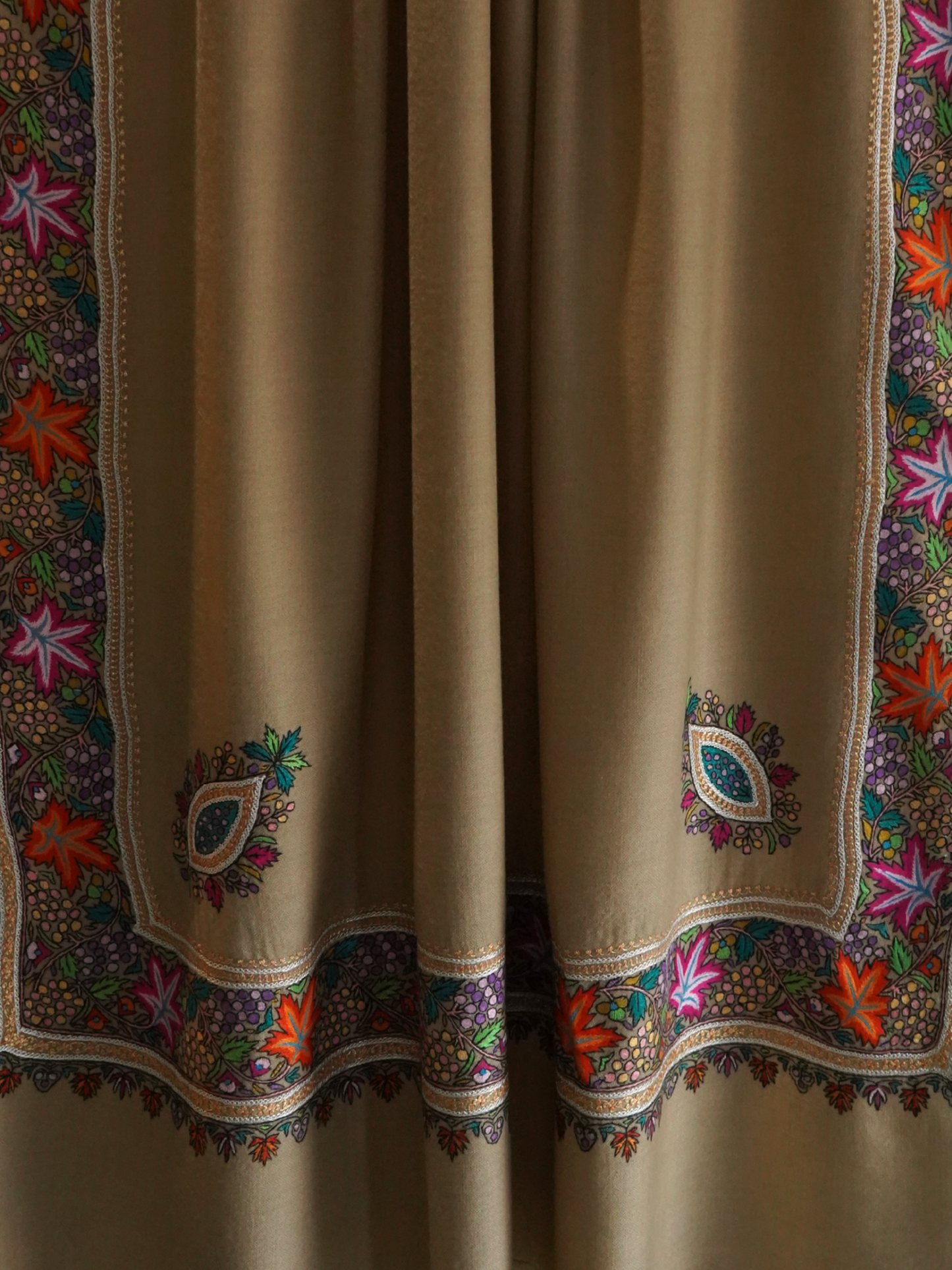 Beige Pashmina Shawl with Papier-Mâché and Gold and Silver Tilla Embroidery