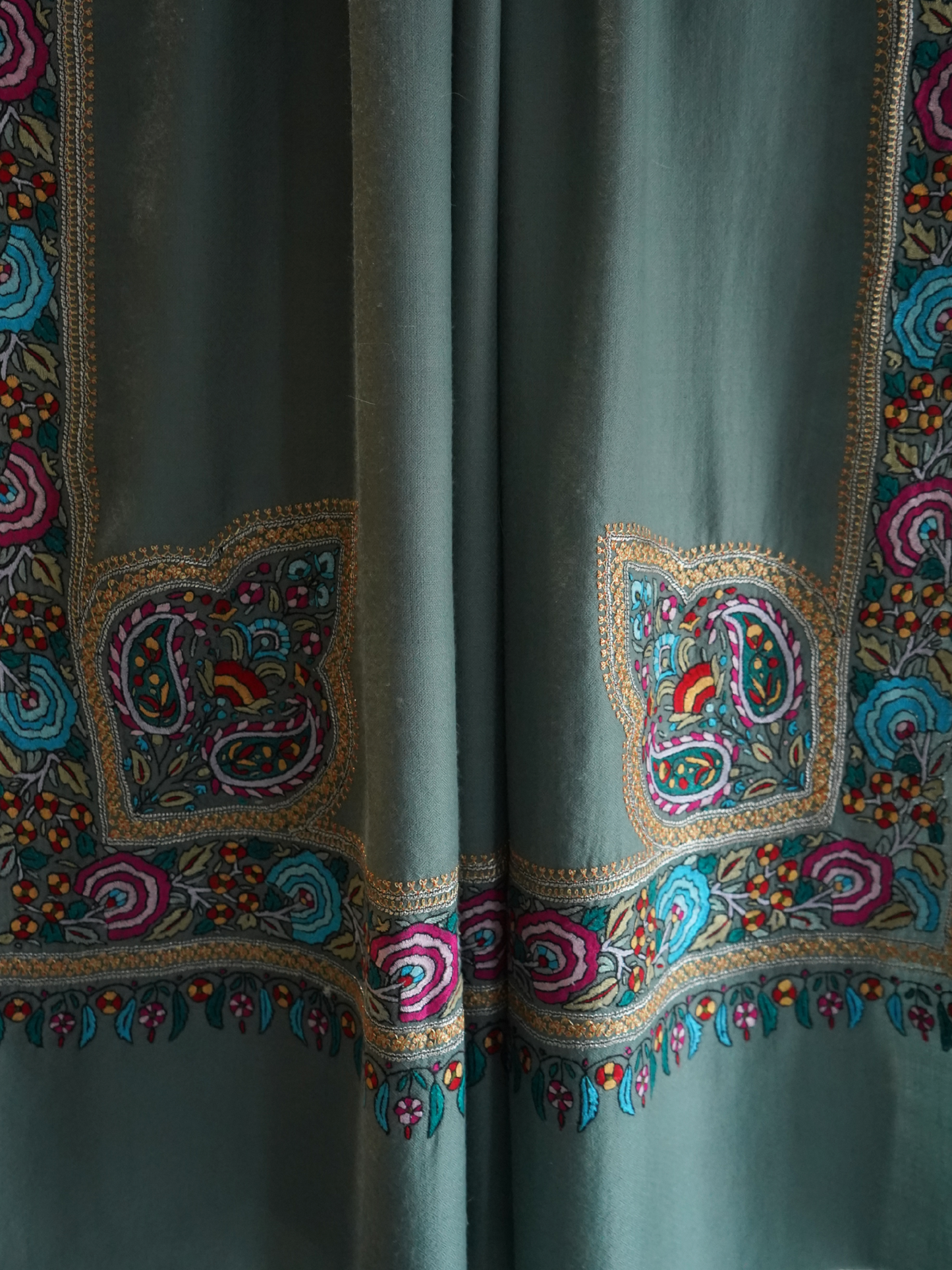 Mint Green Pashmina Shawl with Papier-Mâché and Gold Tilla Embroidery