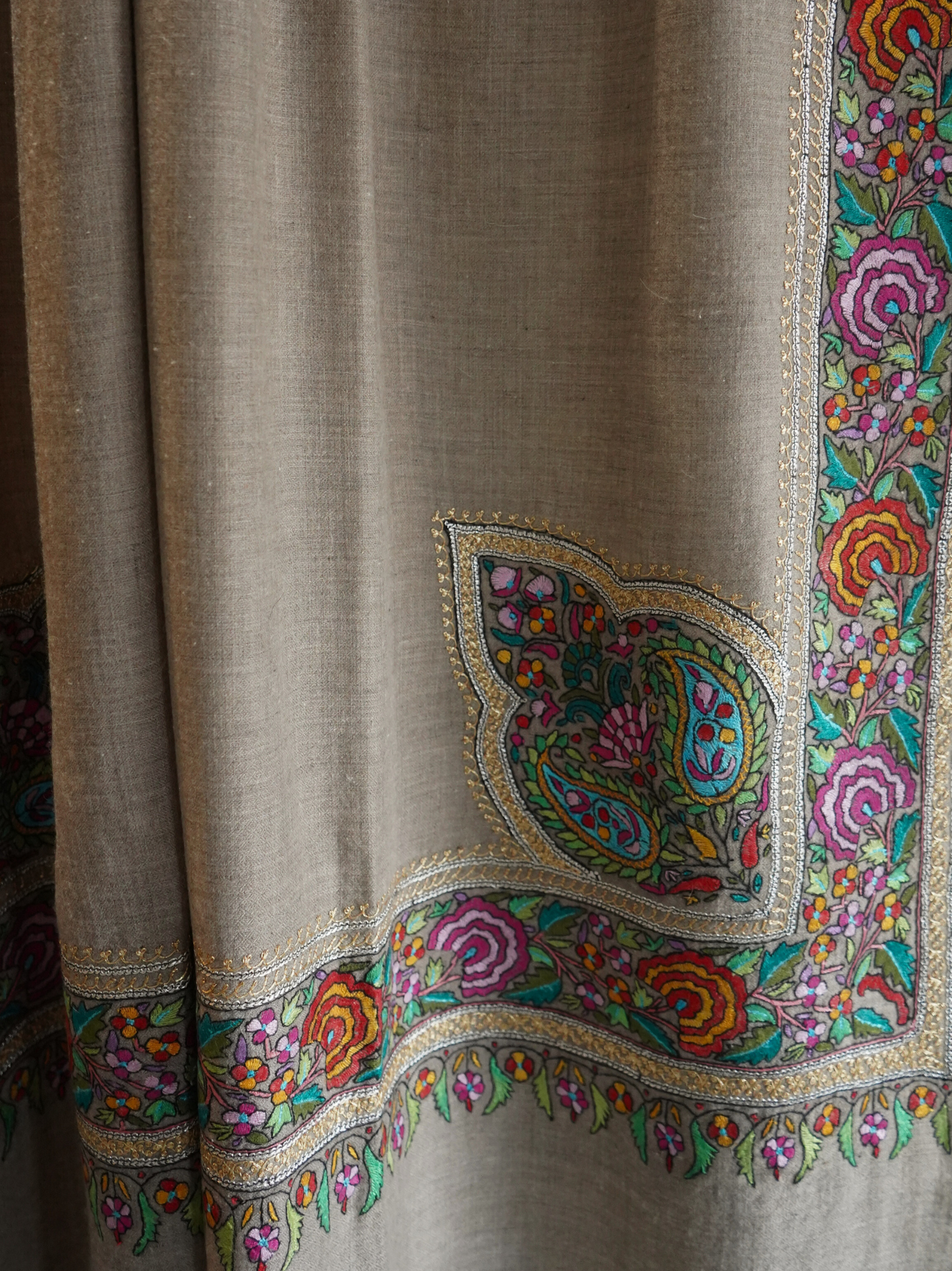 Natural Pashmina Shawl with Papier-Mâché and Gold Tilla Embroidery