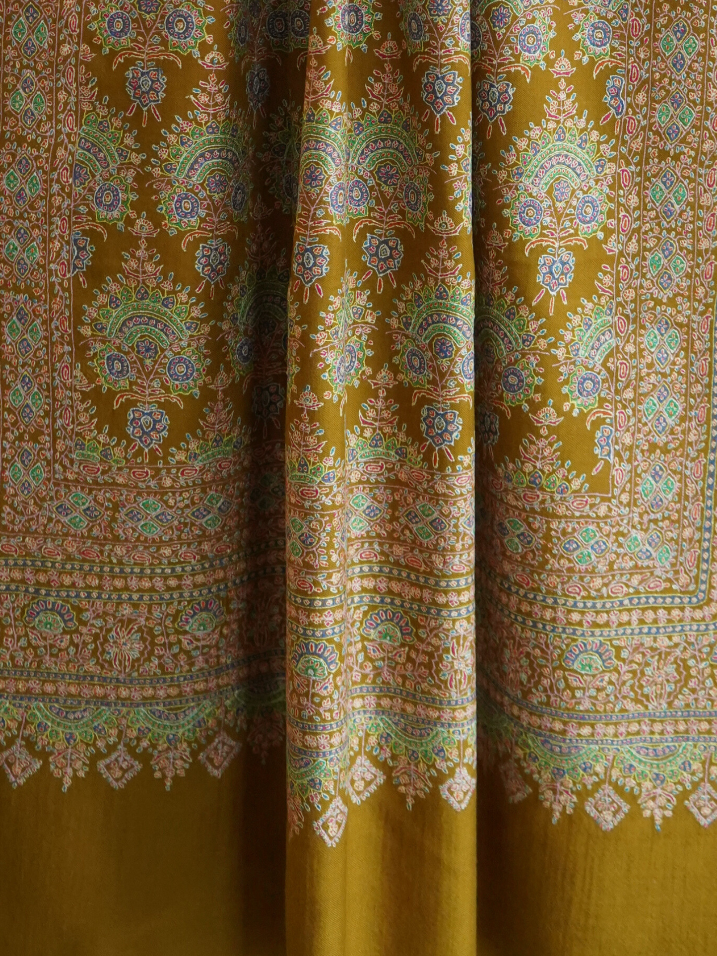 Gold Mustard Jamavar Pashmina Shawl with Sozni Embroidery