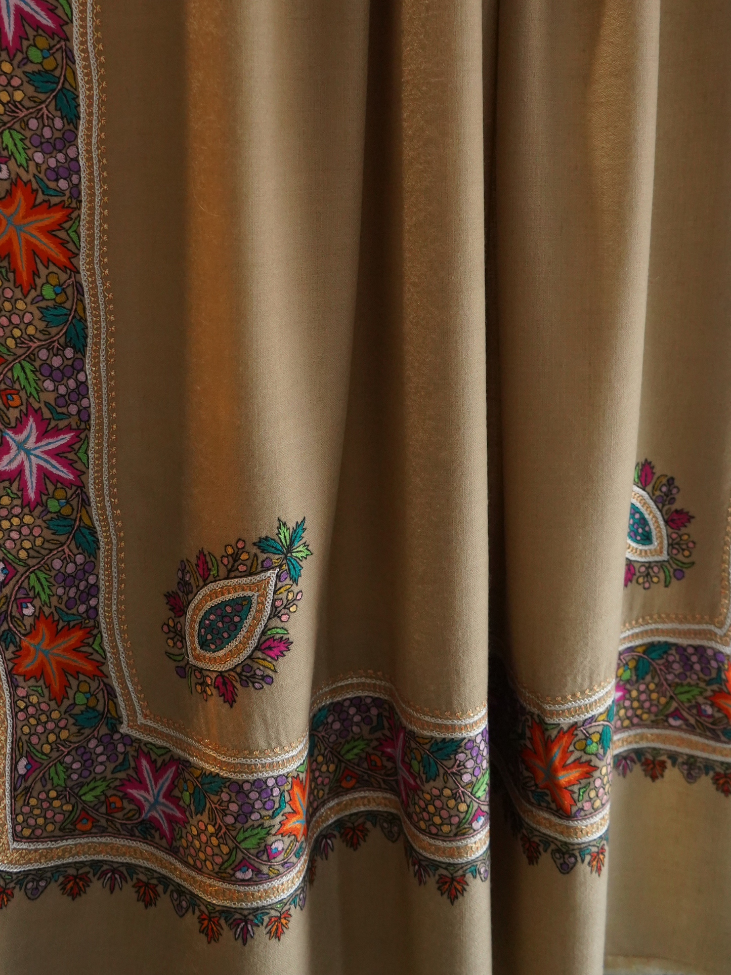 Beige Pashmina Shawl with Papier-Mâché and Gold and Silver Tilla Embroidery