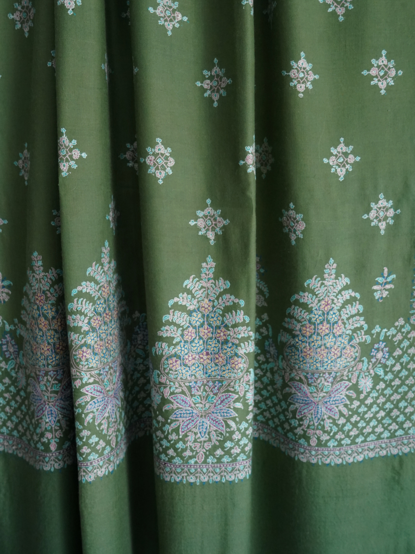 Sage Green Pashmina Shawl with Floral Motifs