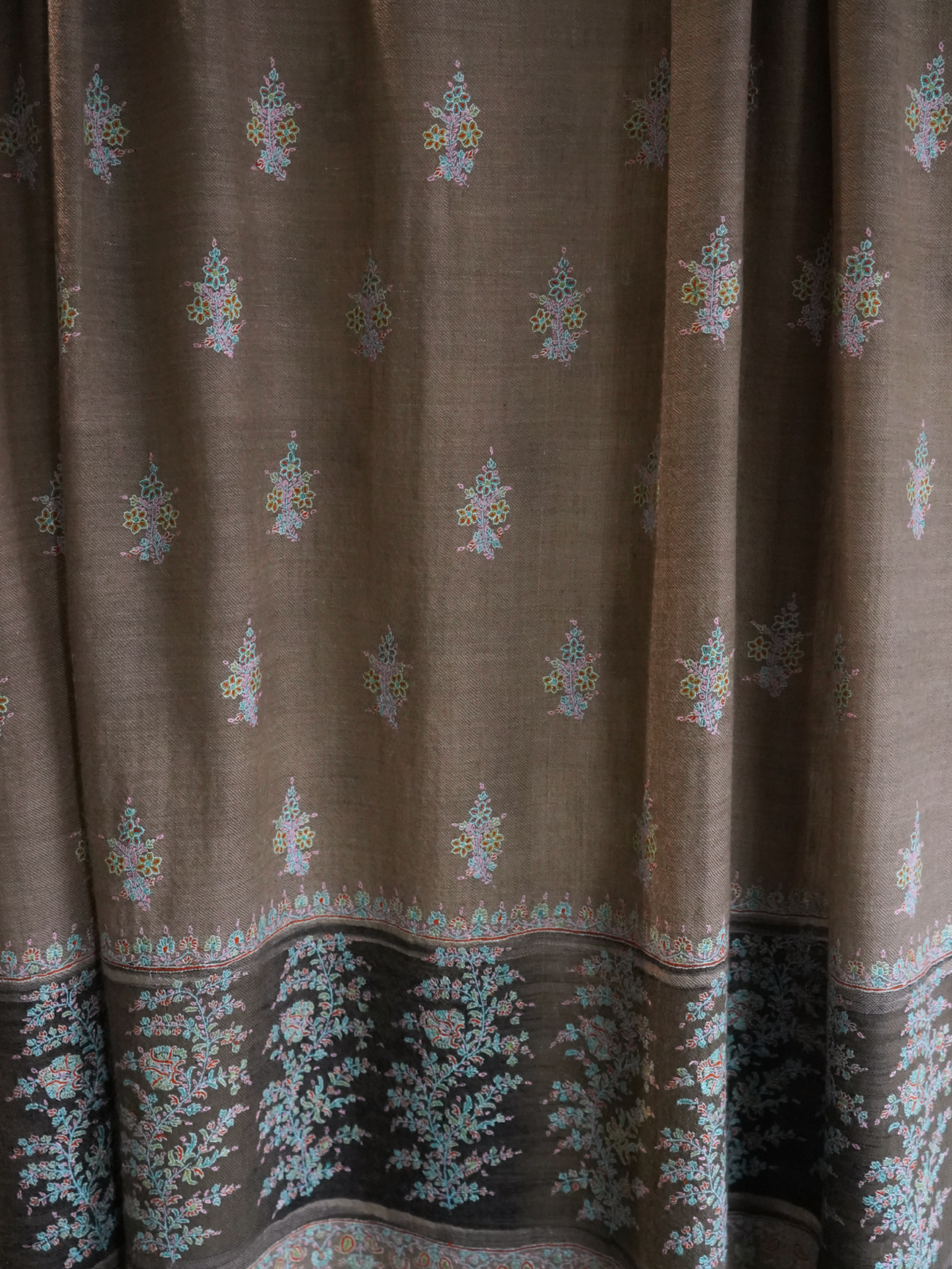Grey Pashmina Shawl with Floral Motifs and Ikkat Striped Border