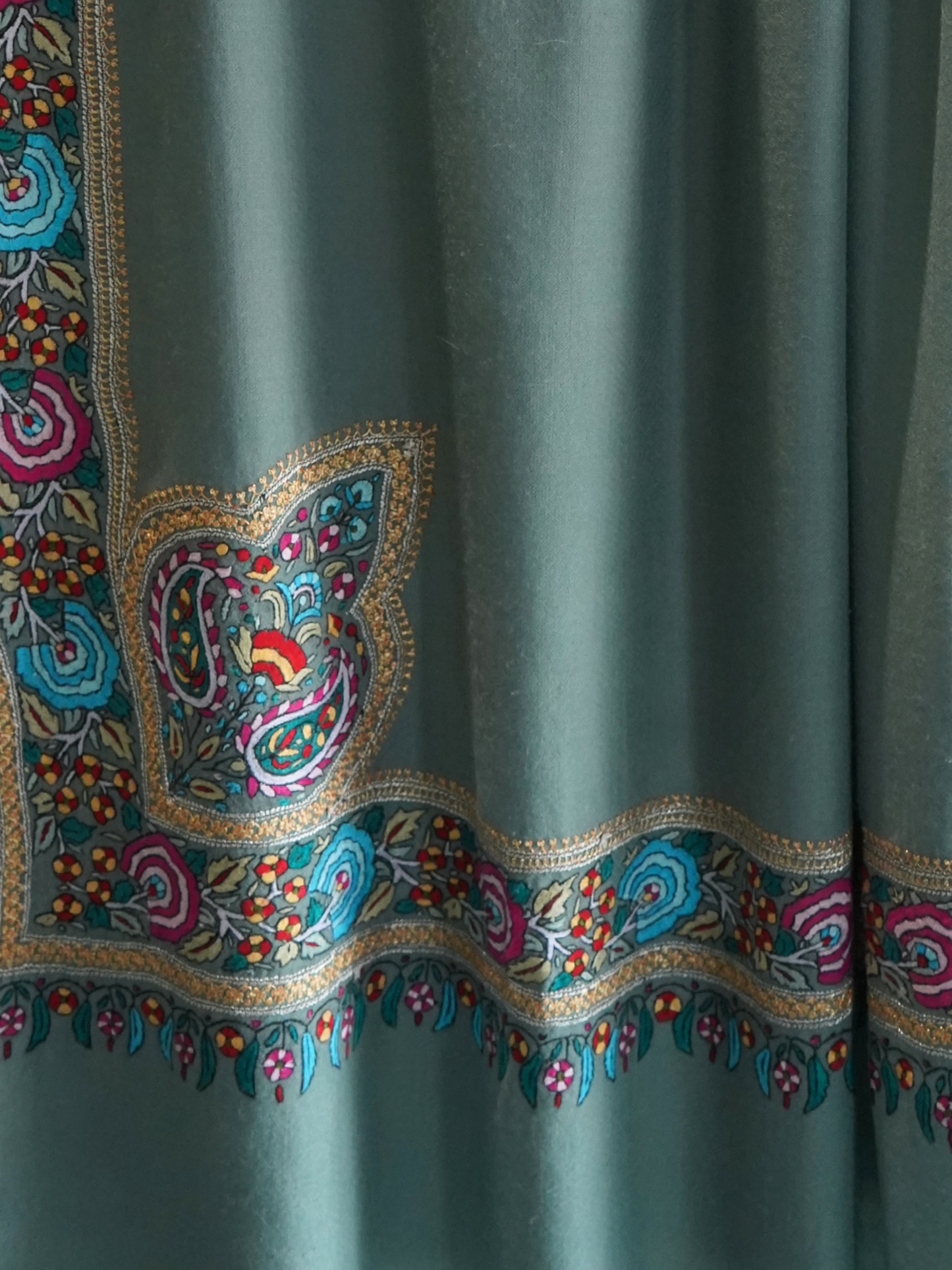 Mint Green Pashmina Shawl with Papier-Mâché and Gold Tilla Embroidery