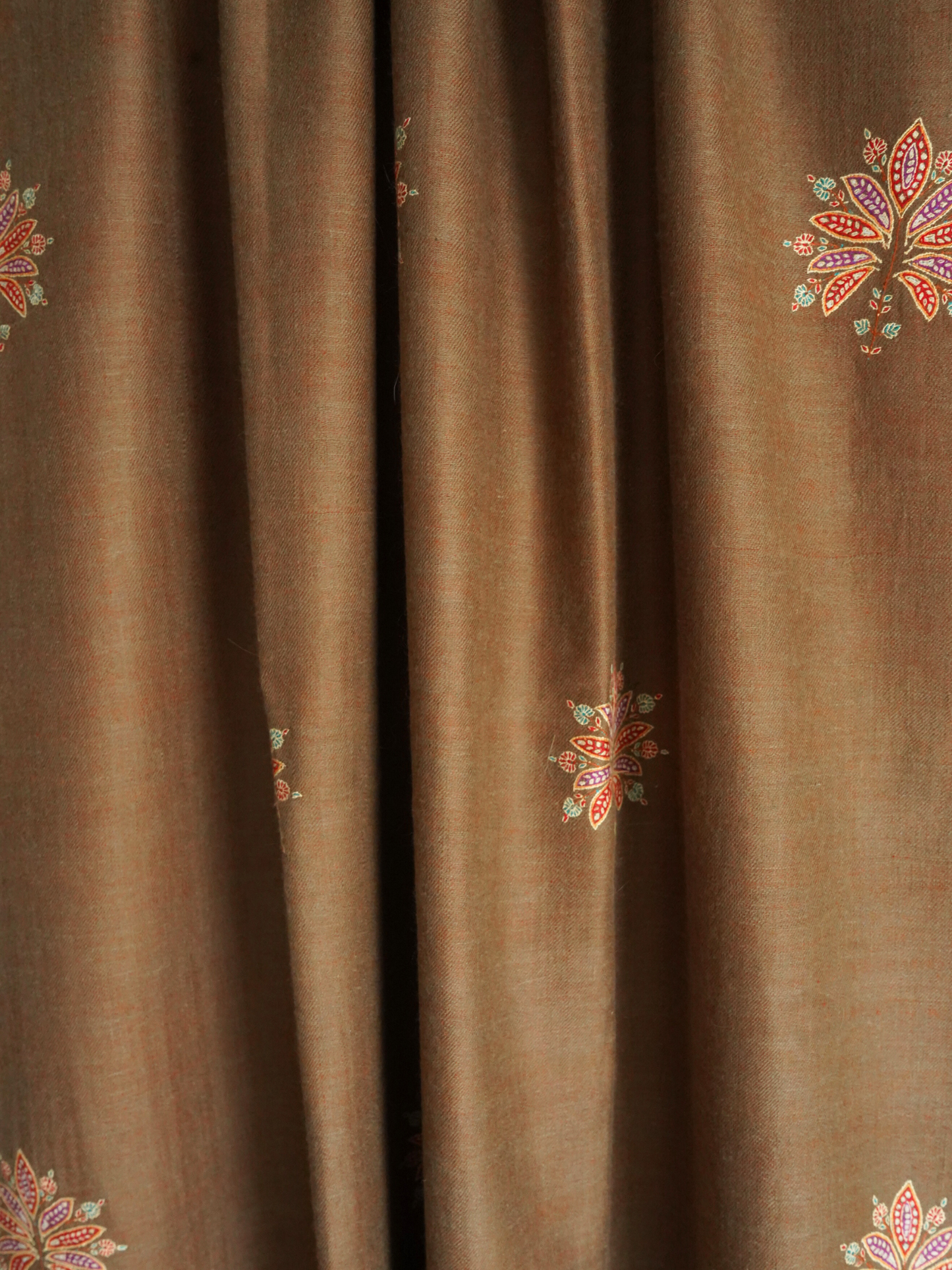 Reversible Brown & Rust Pashmina Shawl with Multicolor Floral Embroidery