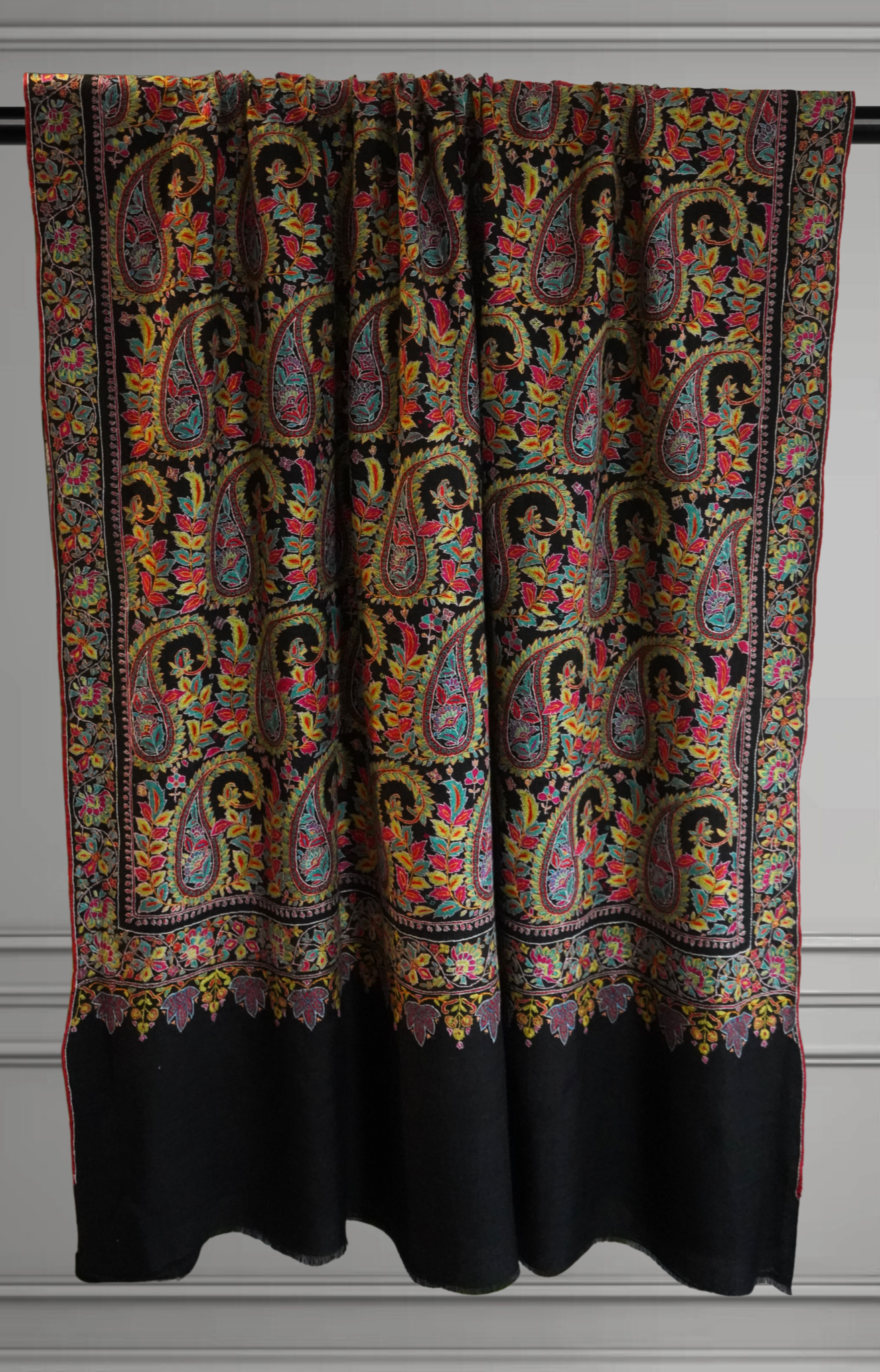 Black Jamavar Pashmina Shawl with Vibrant Paisley Embroidery