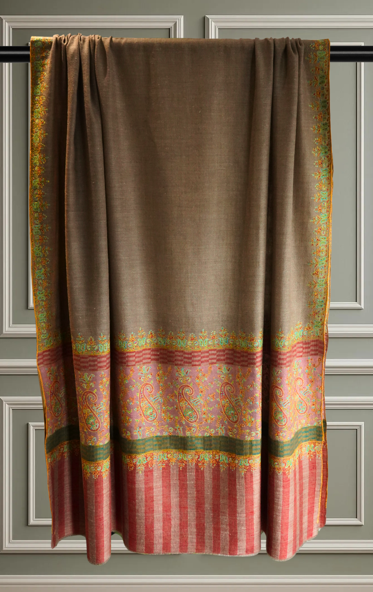 Natural Big Border Embroidered Pashmina Shawl