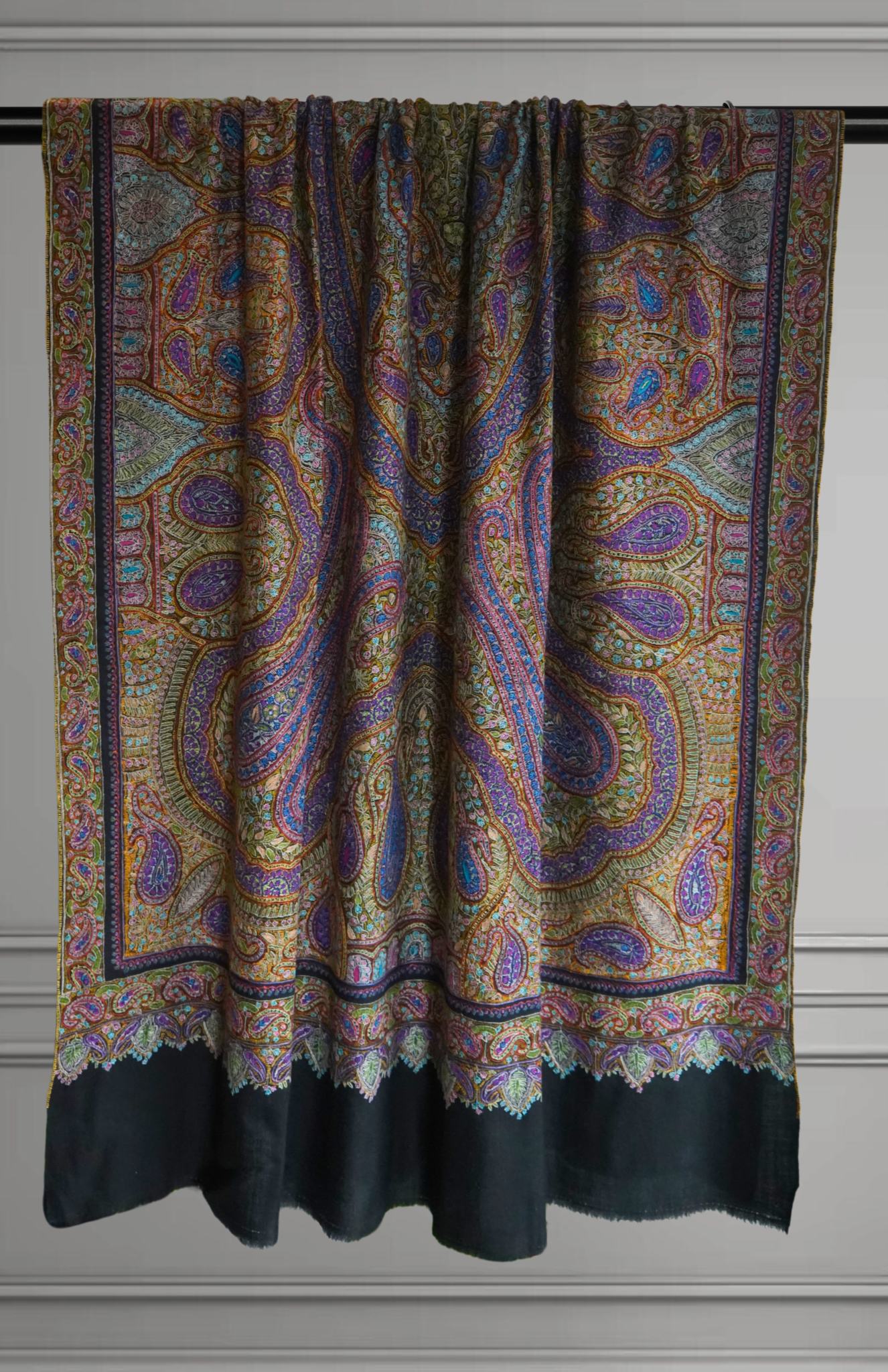 Royal Black Jamavar Pashmina Shawl with Intricate Paisley Motifs