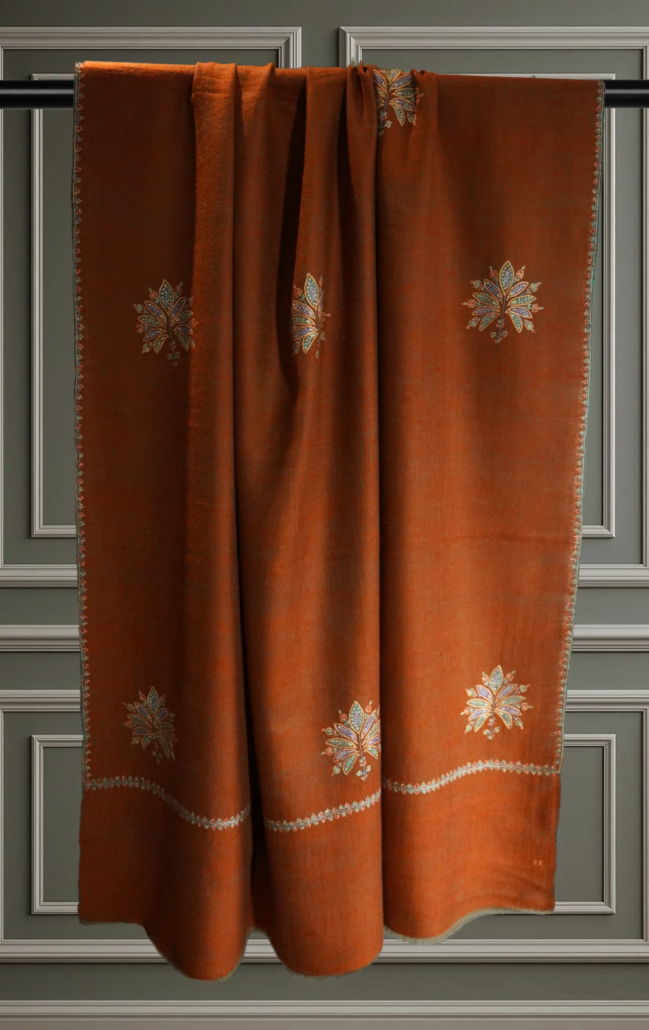 Reversible Brown & Rust Pashmina Shawl with Multicolor Floral Embroidery