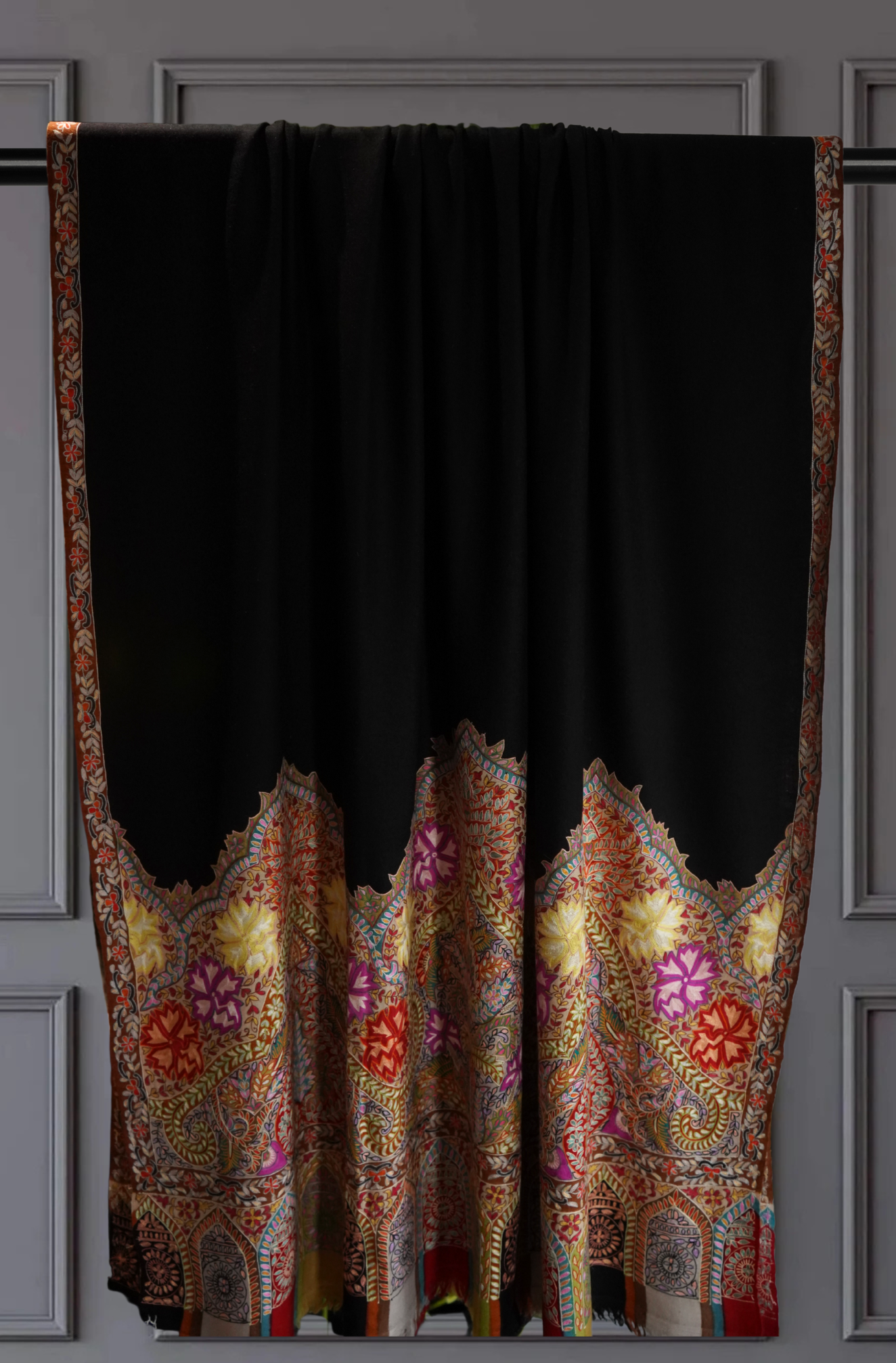 Black Hand-Painted Kalamkari Pashmina Shawl