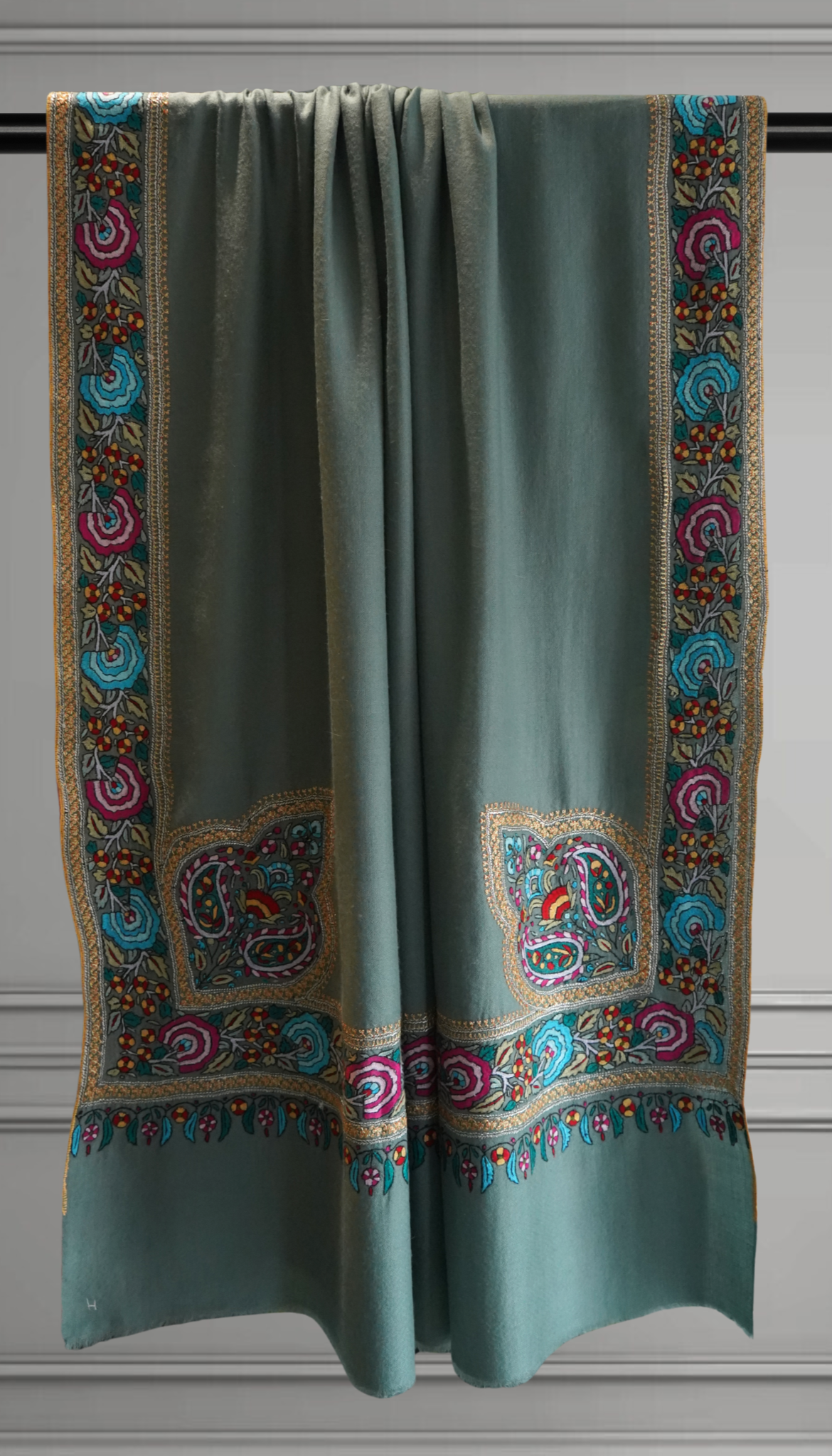 Mint Green Pashmina Shawl with Papier-Mâché and Gold Tilla Embroidery
