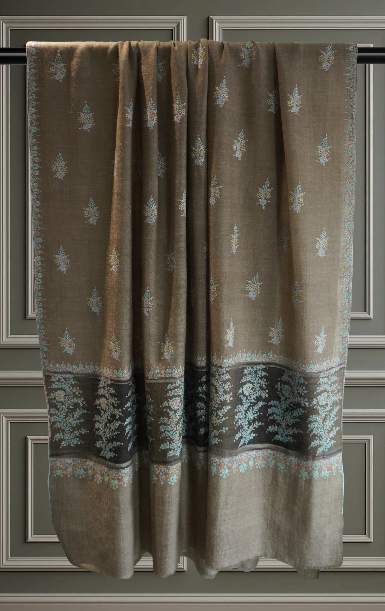 Grey Pashmina Shawl with Floral Motifs and Ikkat Striped Border