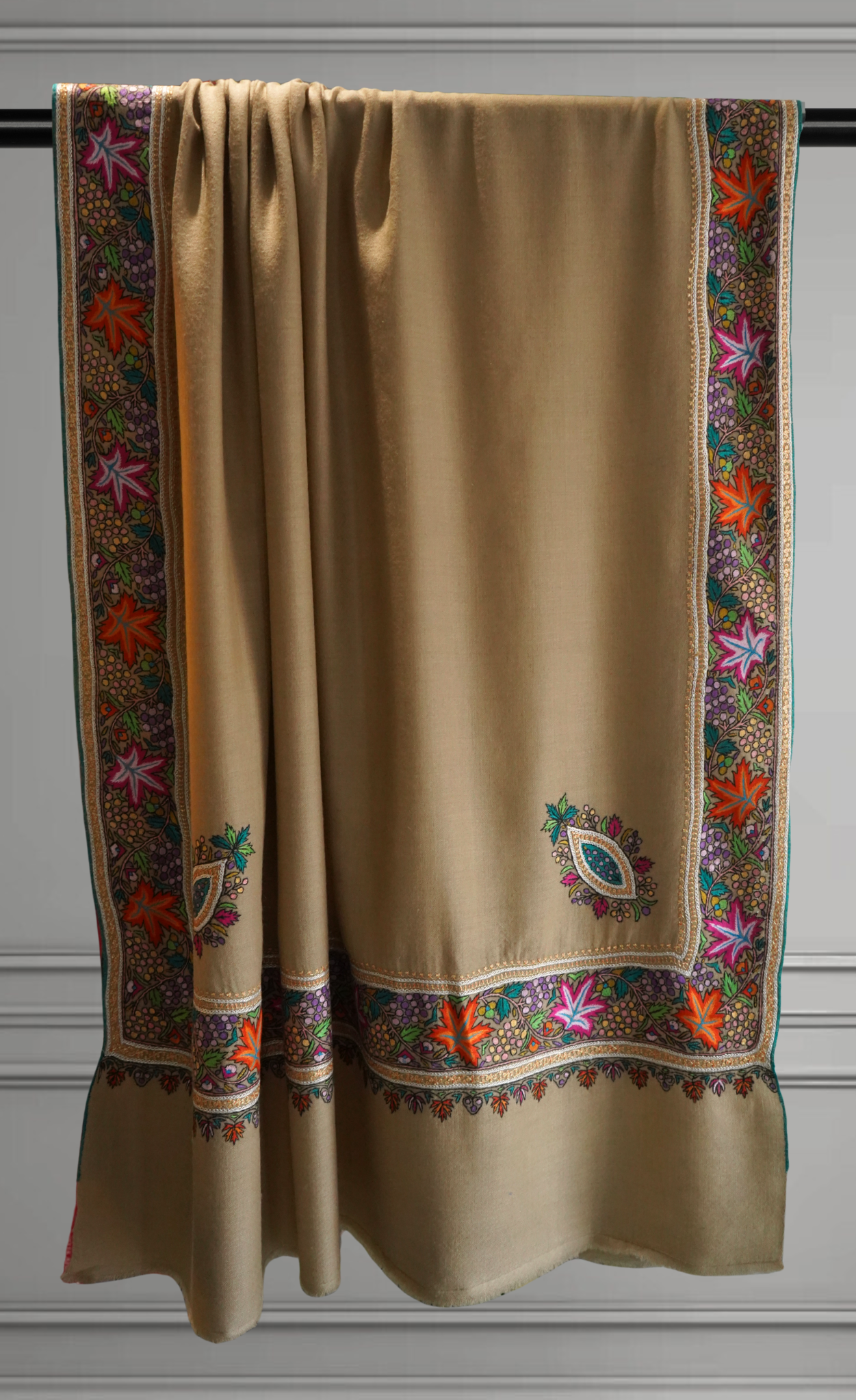 Beige Pashmina Shawl with Papier-Mâché and Gold and Silver Tilla Embroidery