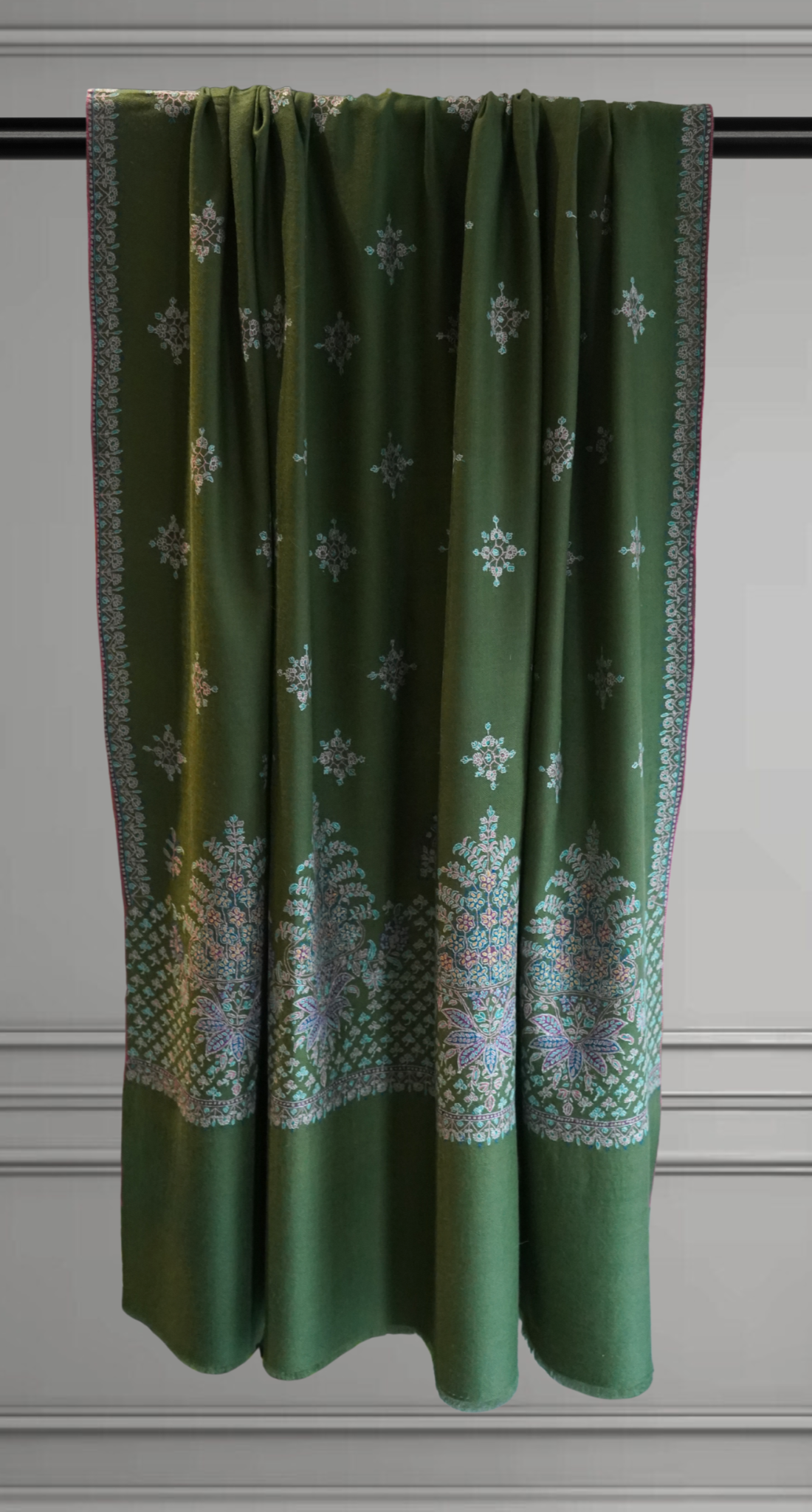 Sage Green Pashmina Shawl with Floral Motifs