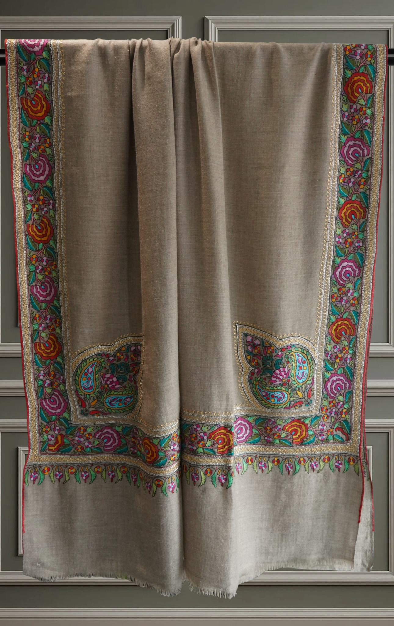 Natural Pashmina Shawl with Papier-Mâché and Gold Tilla Embroidery