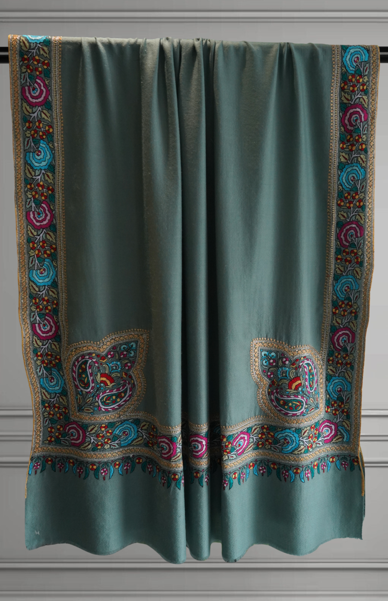 Mint Green Pashmina Shawl with Papier-Mâché and Gold Tilla Embroidery