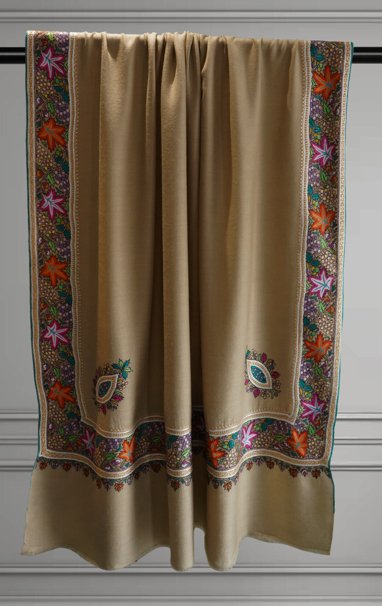 Beige Pashmina Shawl with Papier-Mâché and Gold and Silver Tilla Embroidery