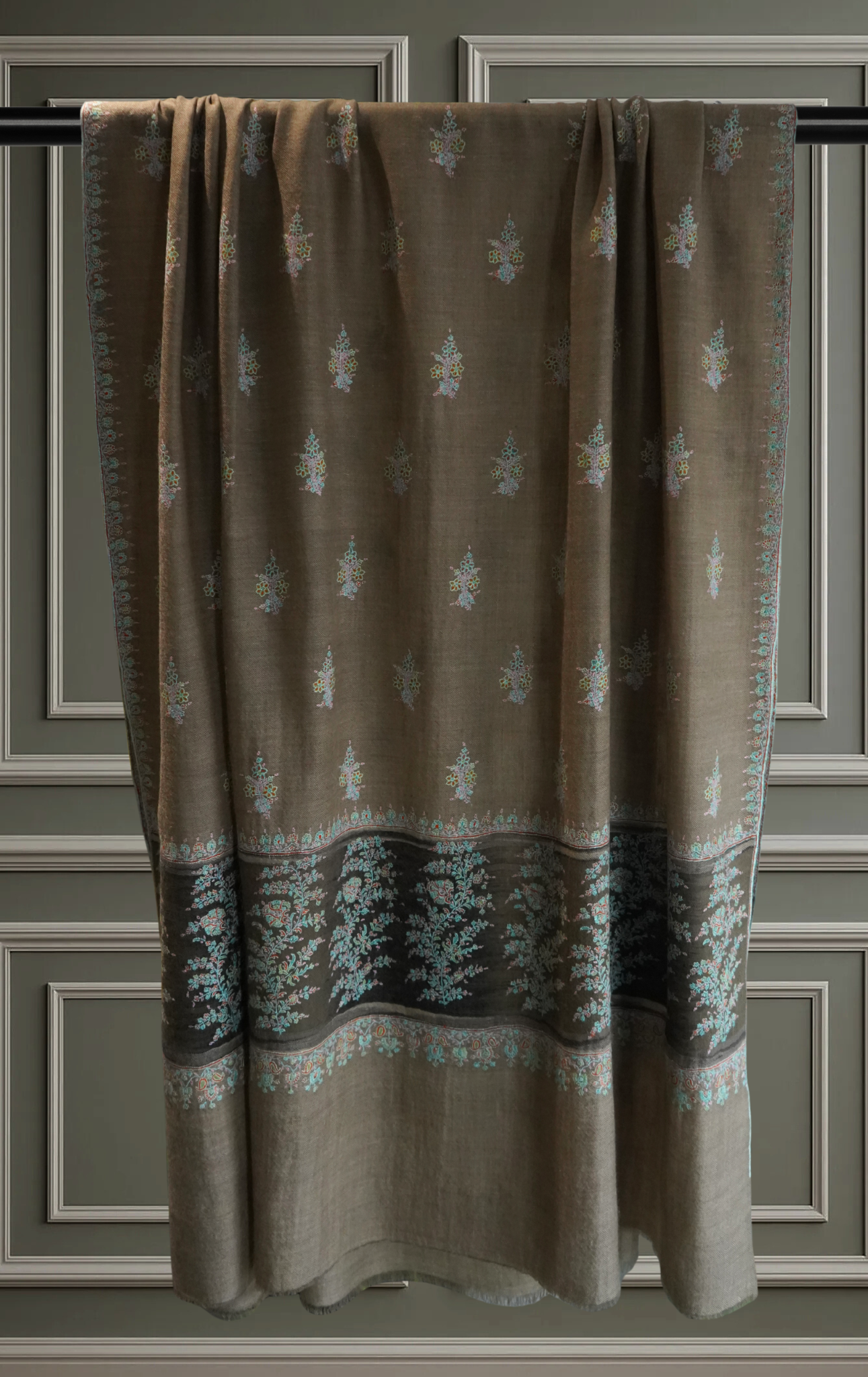 Grey Pashmina Shawl with Floral Motifs and Ikkat Striped Border