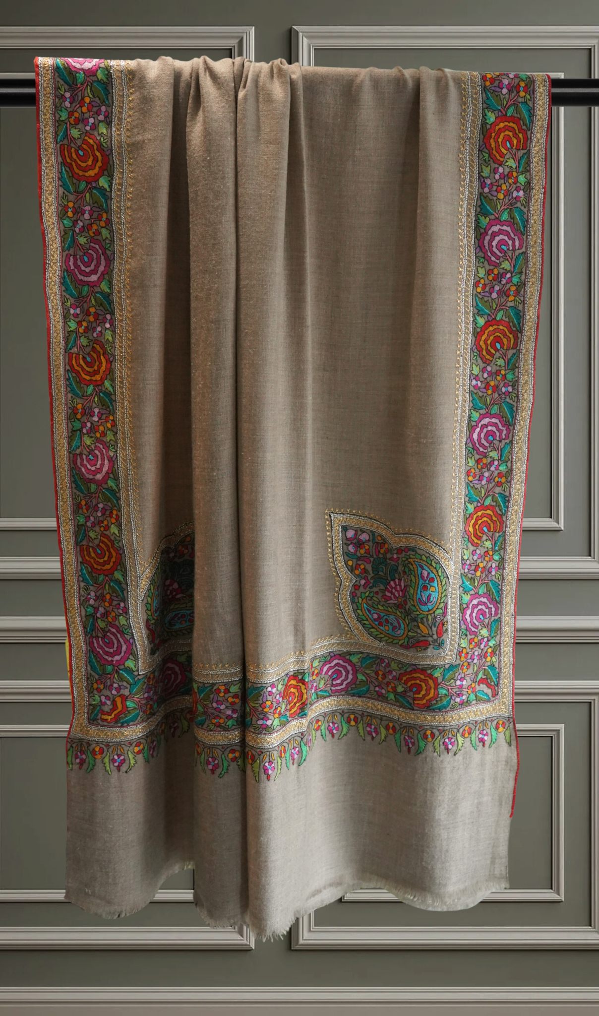 Natural Pashmina Shawl with Papier-Mâché and Gold Tilla Embroidery