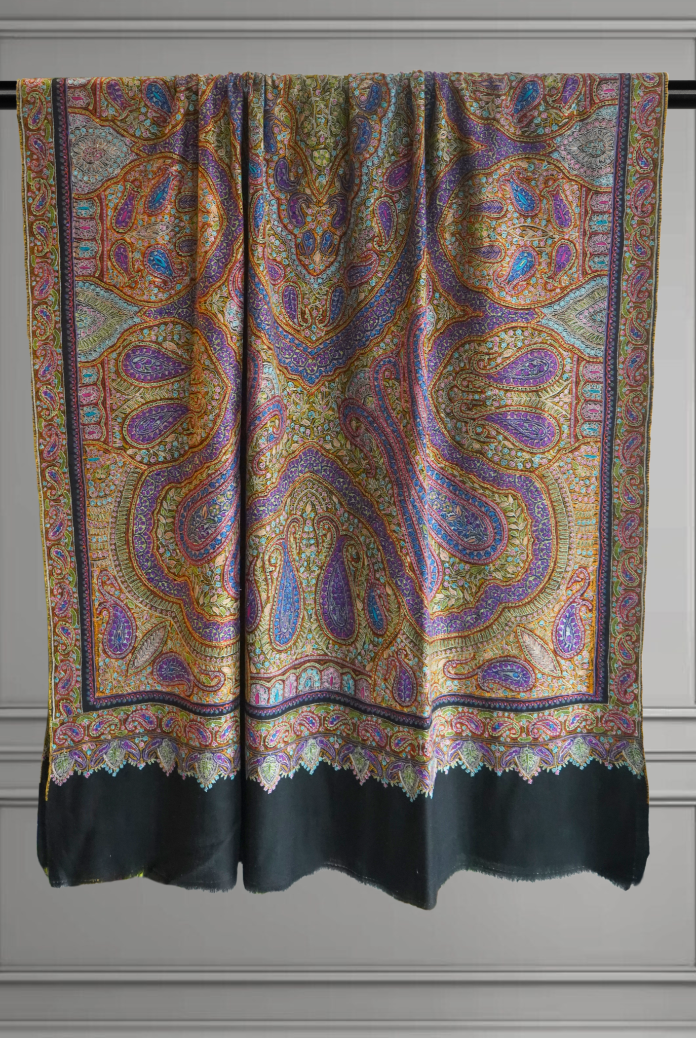 Royal Black Jamavar Pashmina Shawl with Intricate Paisley Motifs