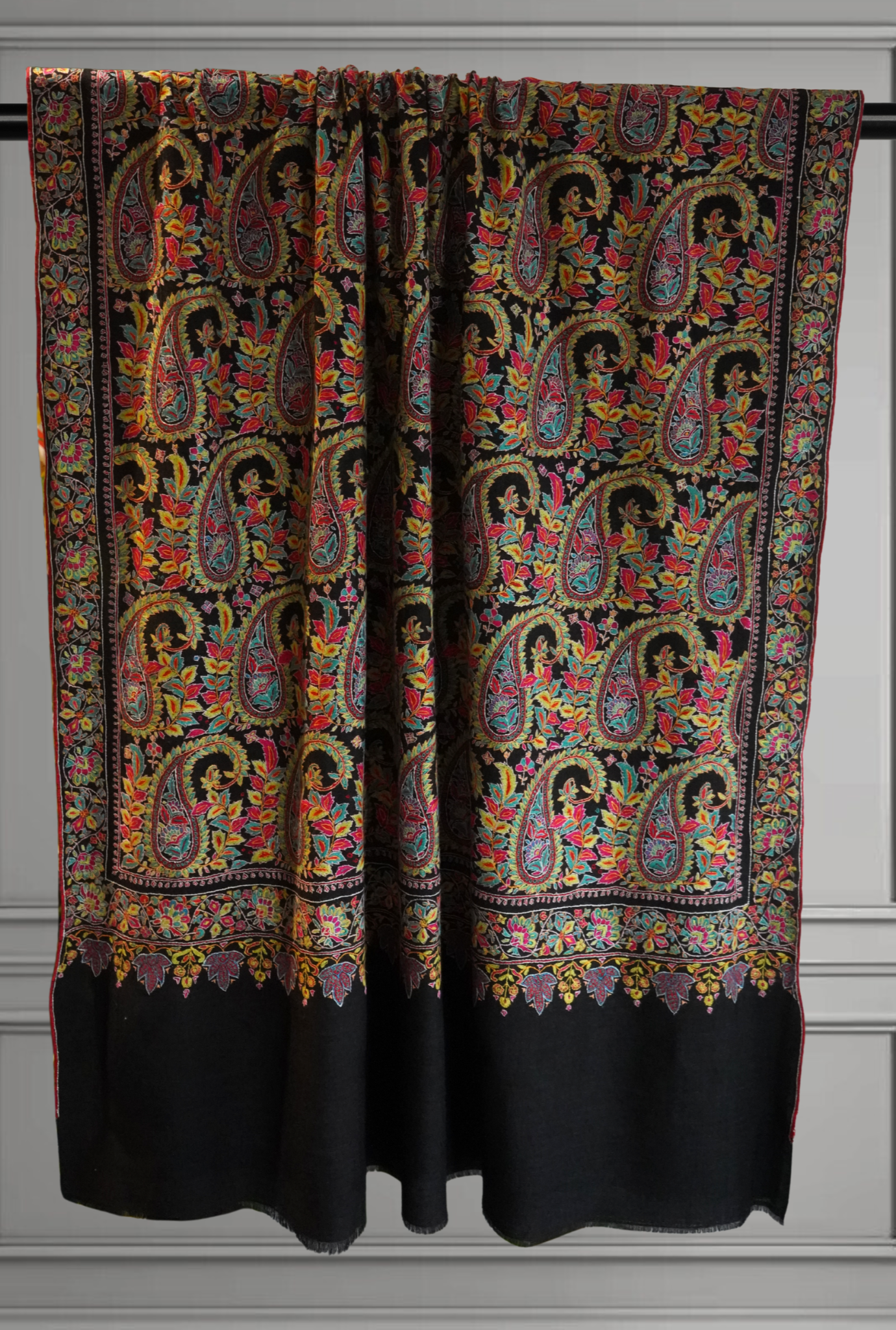 Black Jamavar Pashmina Shawl with Vibrant Paisley Embroidery