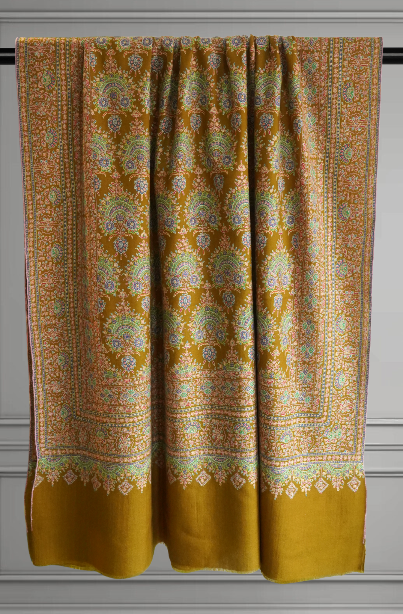 Gold Mustard Jamavar Pashmina Shawl with Sozni Embroidery