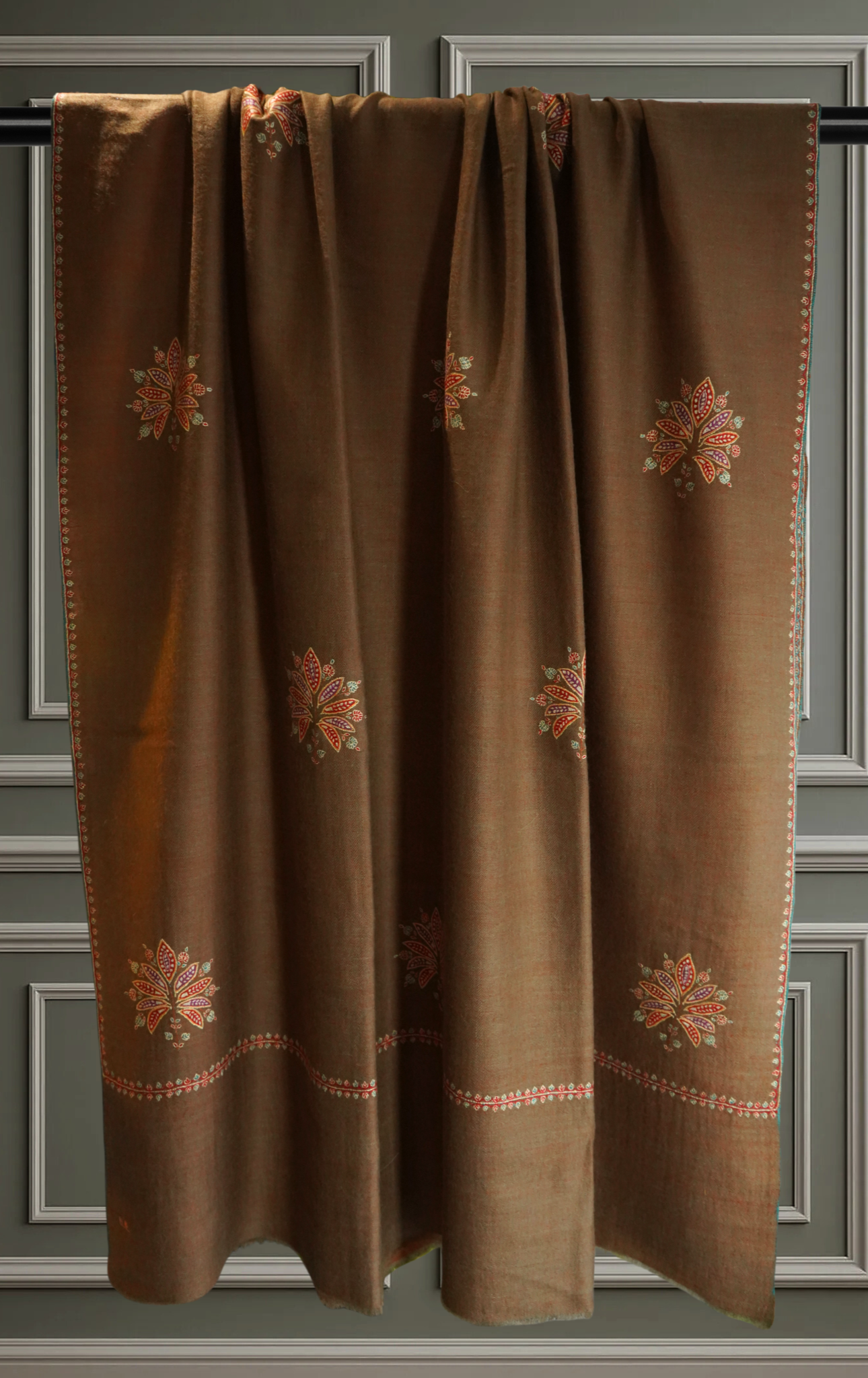 Reversible Brown & Rust Pashmina Shawl with Multicolor Floral Embroidery