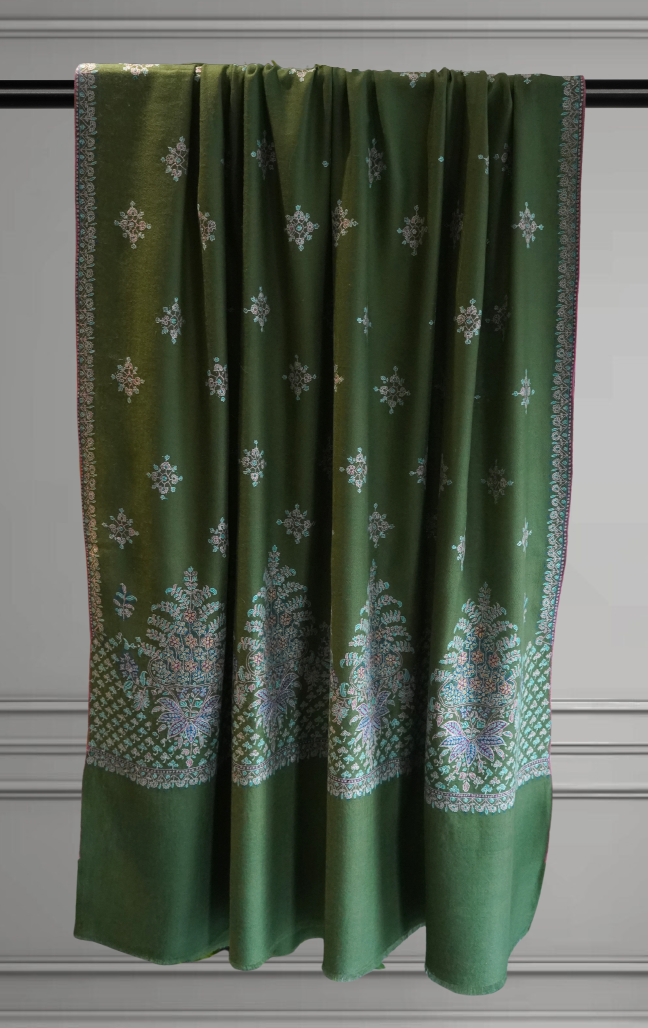 Sage Green Pashmina Shawl with Floral Motifs