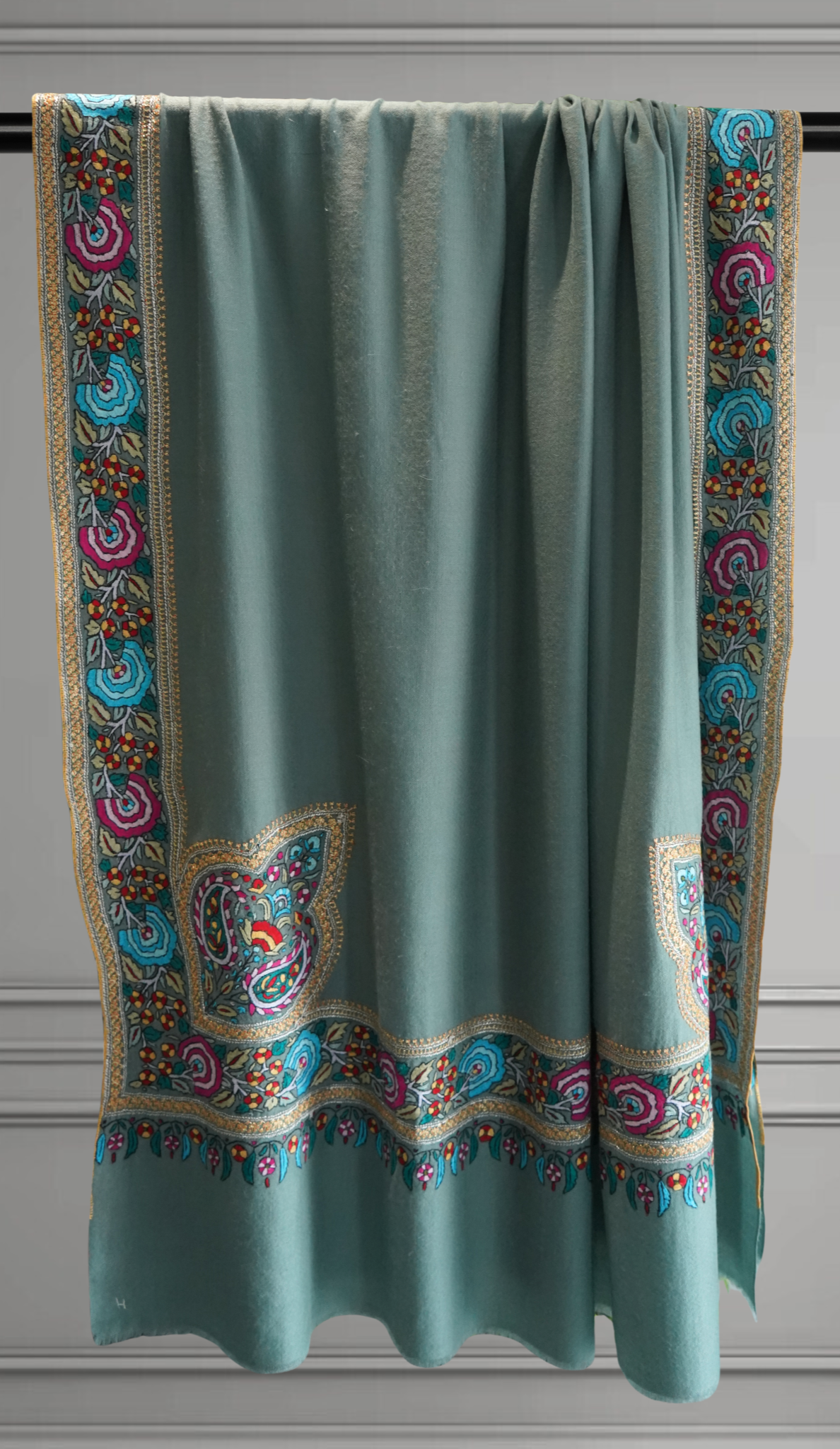 Mint Green Pashmina Shawl with Papier-Mâché and Gold Tilla Embroidery