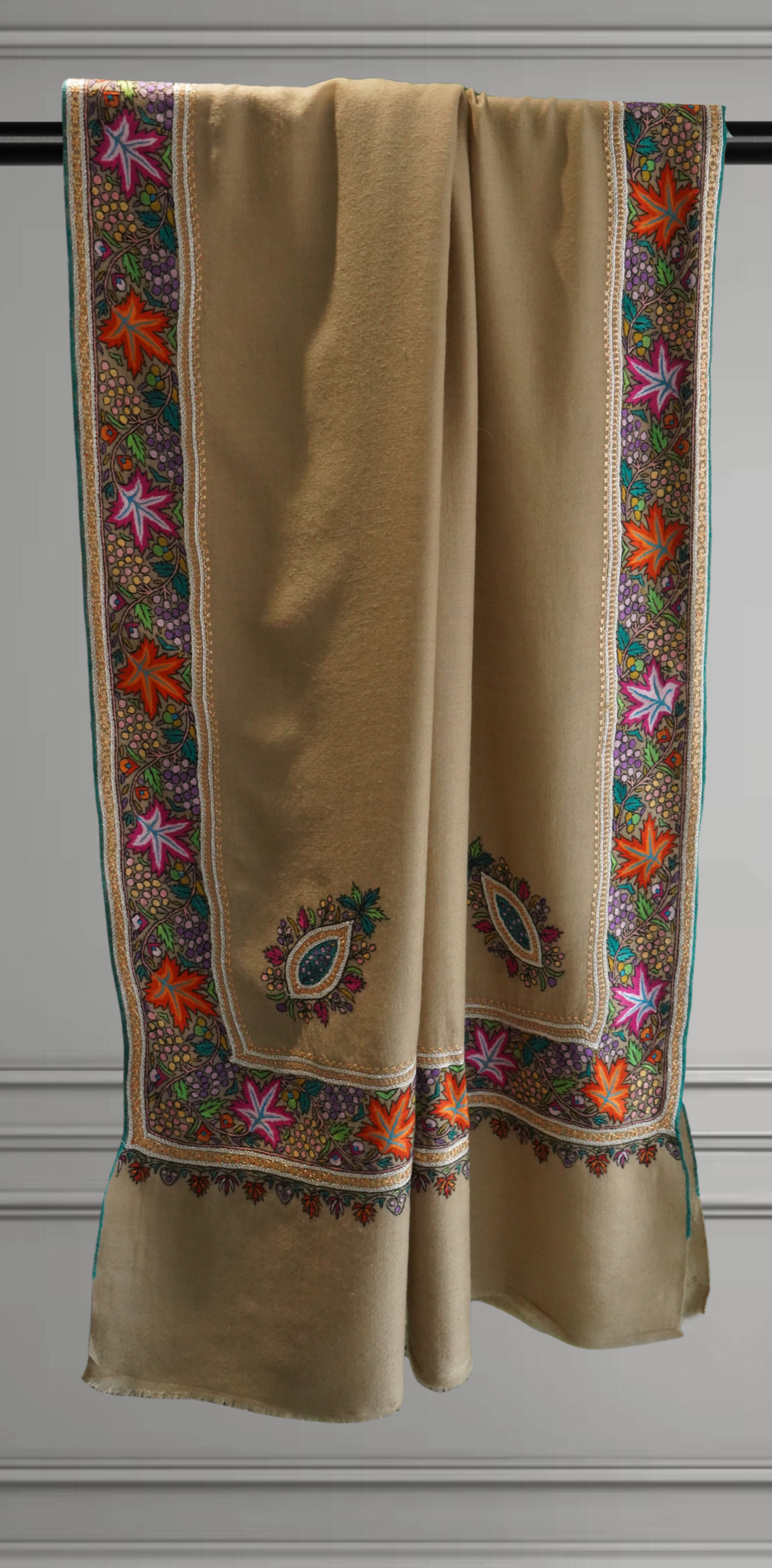 Beige Pashmina Shawl with Papier-Mâché and Gold and Silver Tilla Embroidery