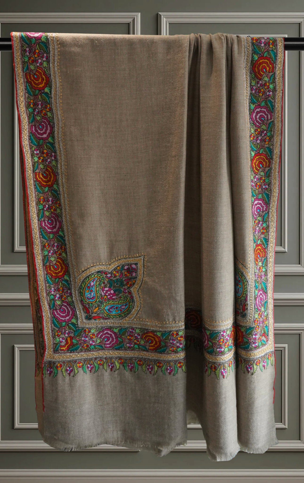 Natural Pashmina Shawl with Papier-Mâché and Gold Tilla Embroidery