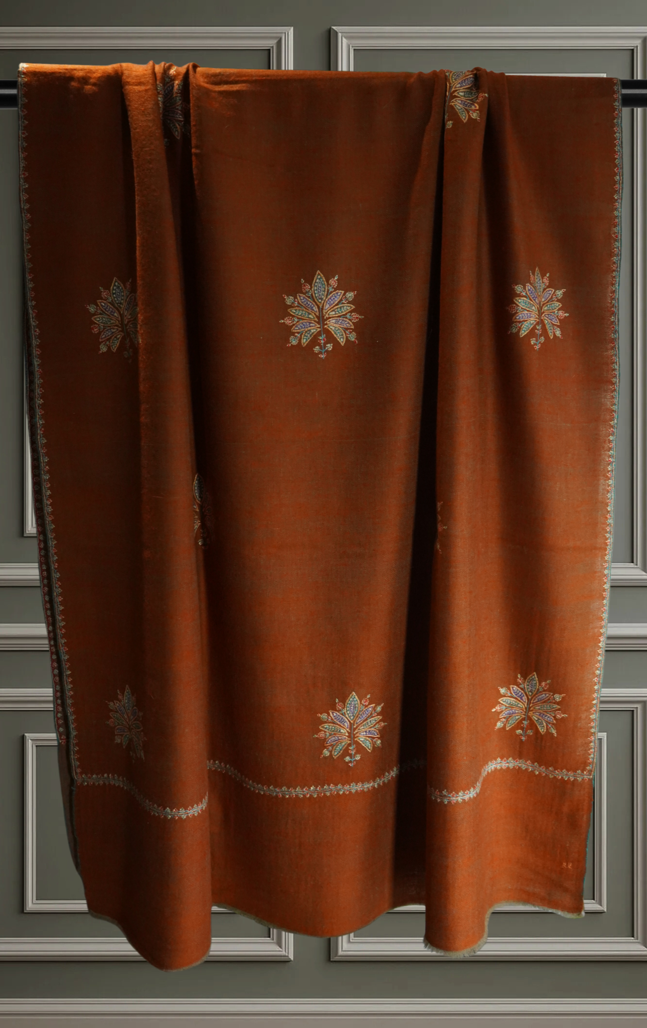 Reversible Brown & Rust Pashmina Shawl with Multicolor Floral Embroidery
