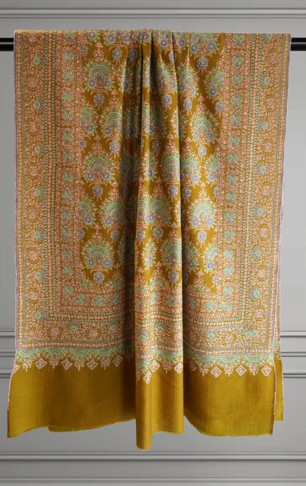 Gold Mustard Jamavar Pashmina Shawl with Sozni Embroidery