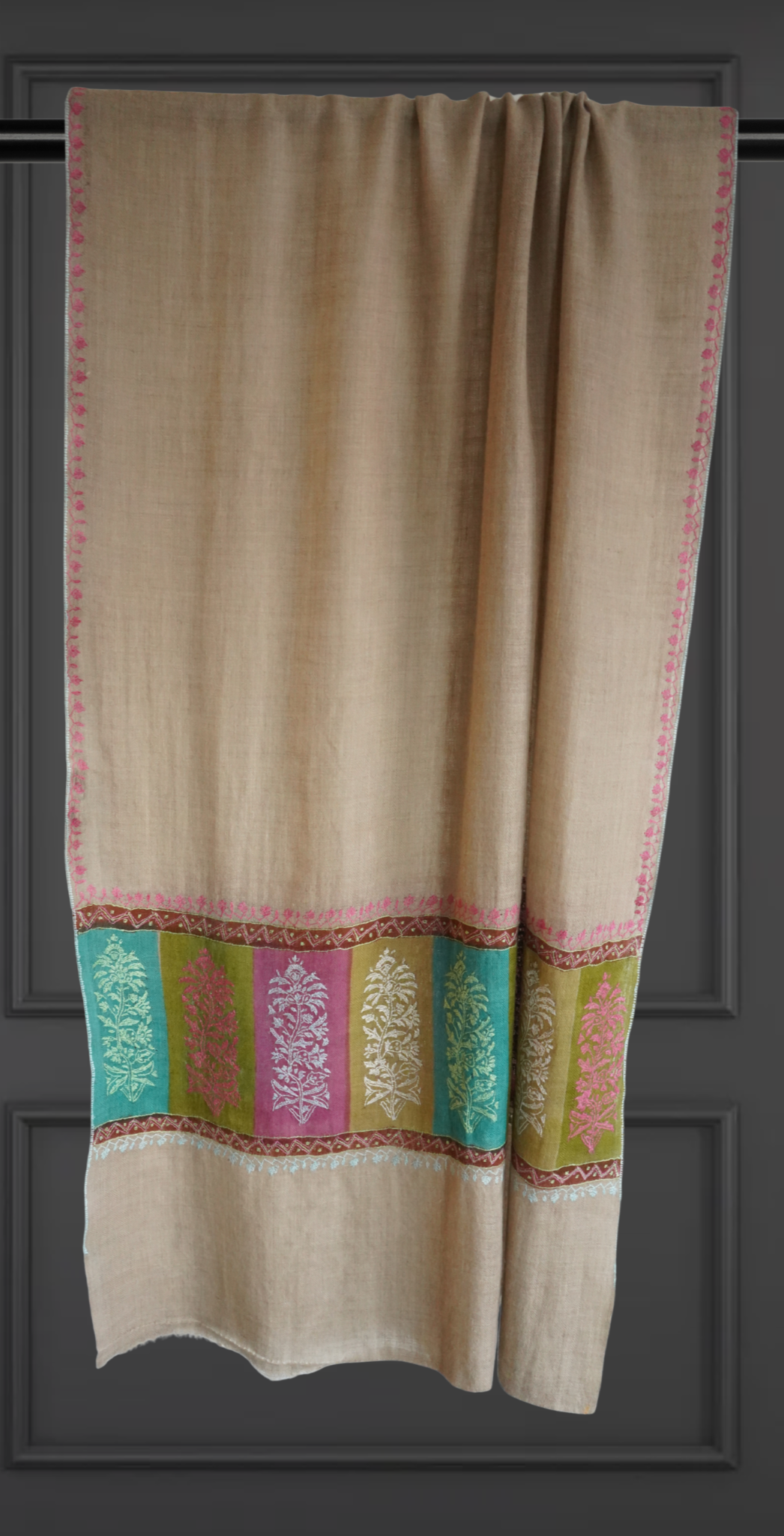 Beige Pashmina Scarf with Sozni Embroidery