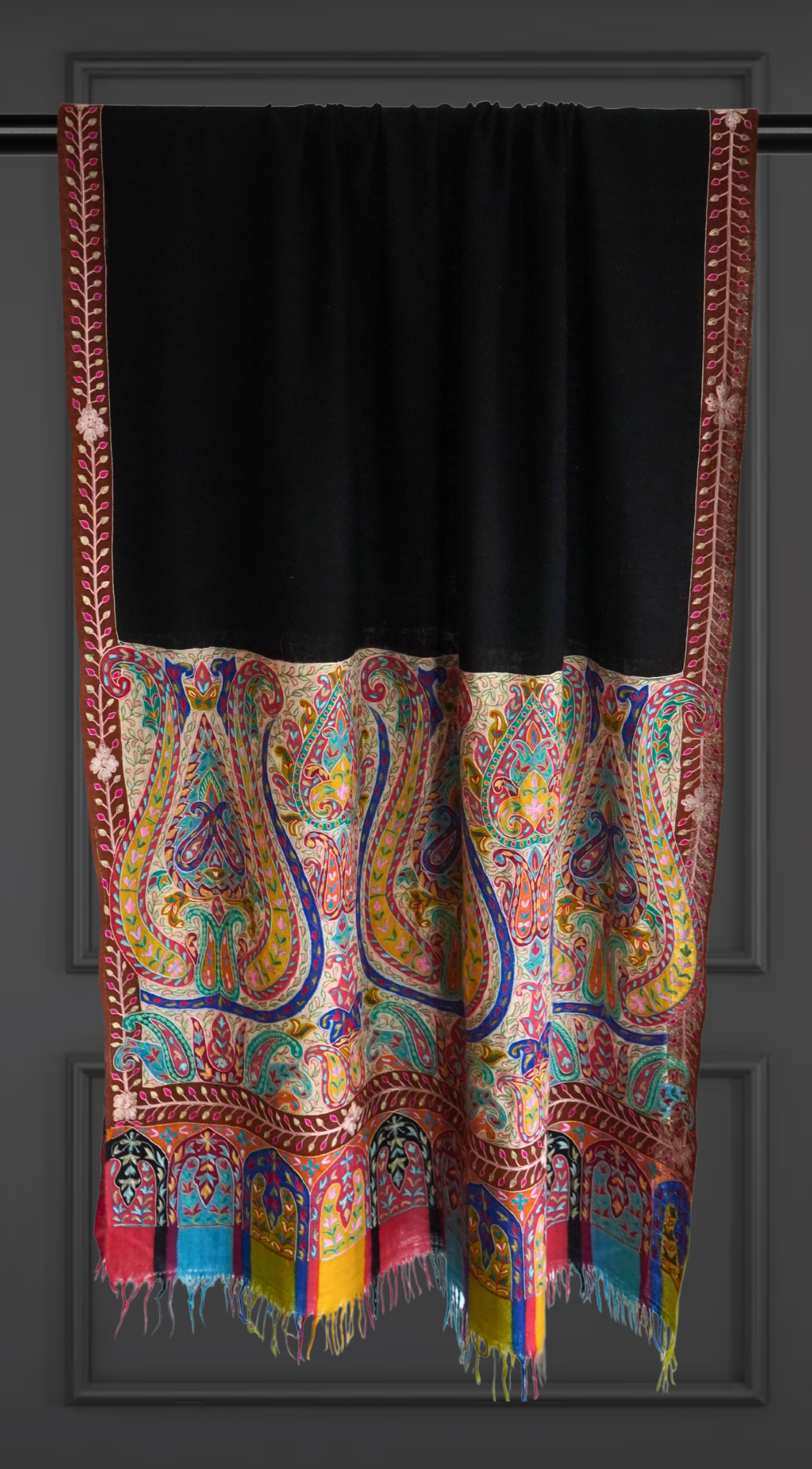 Black Kalamkaar Scarf with Multicolour Paisley