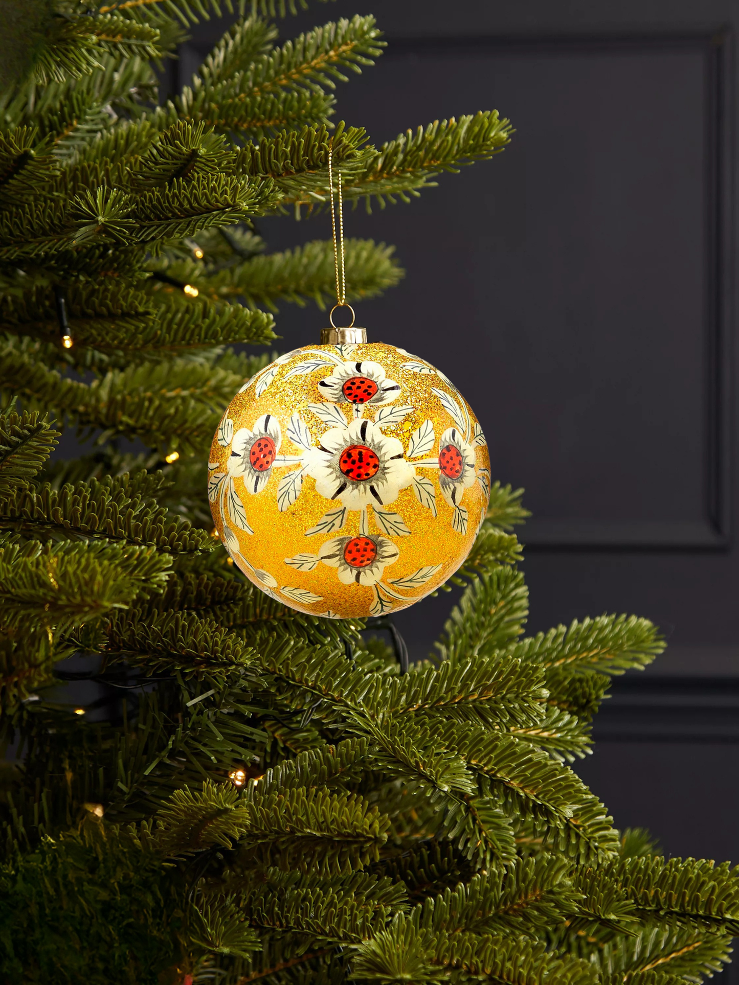 Floral Glitter Bauble White and Gold