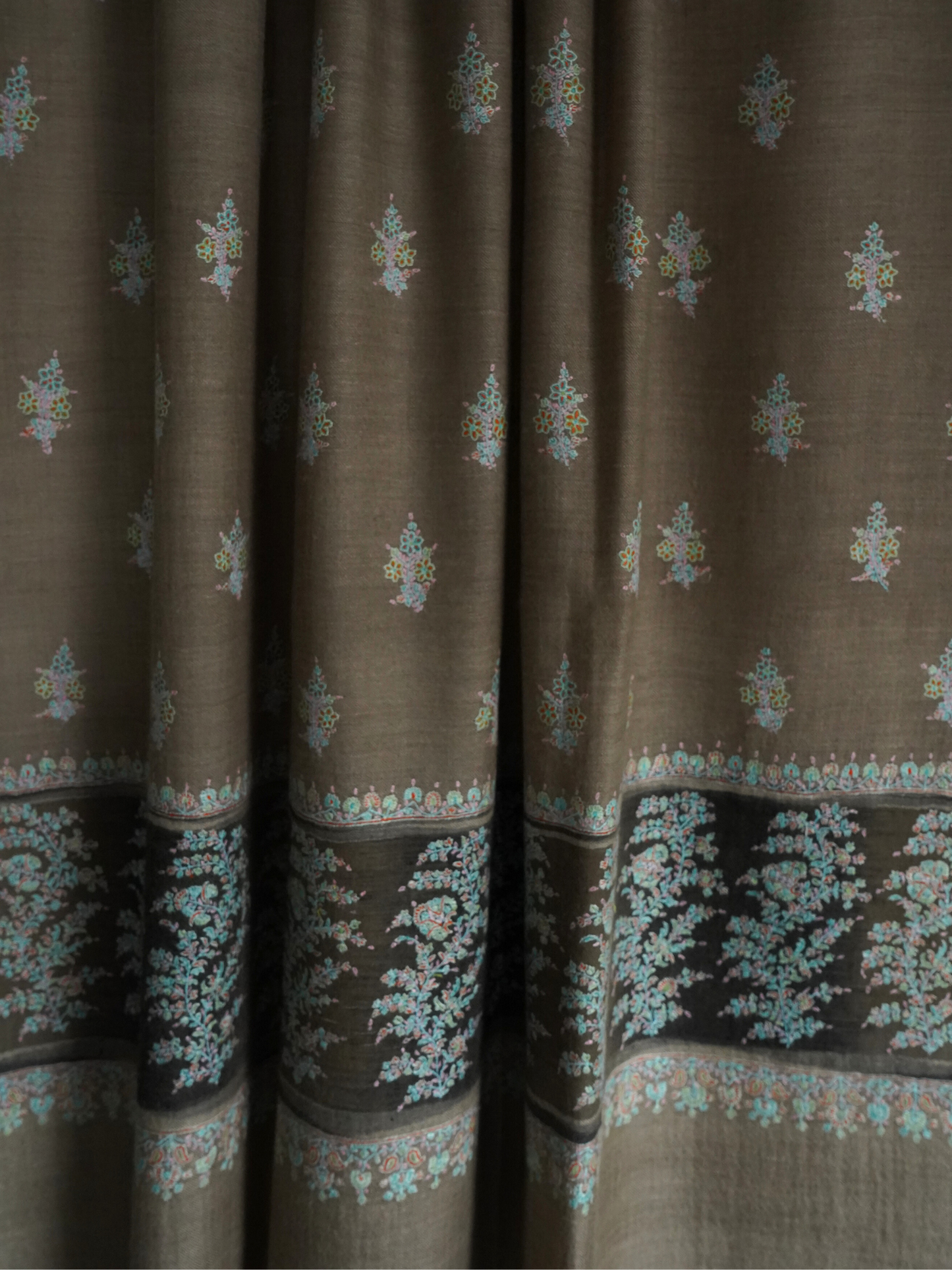 Grey Pashmina Shawl with Floral Motifs and Ikkat Striped Border