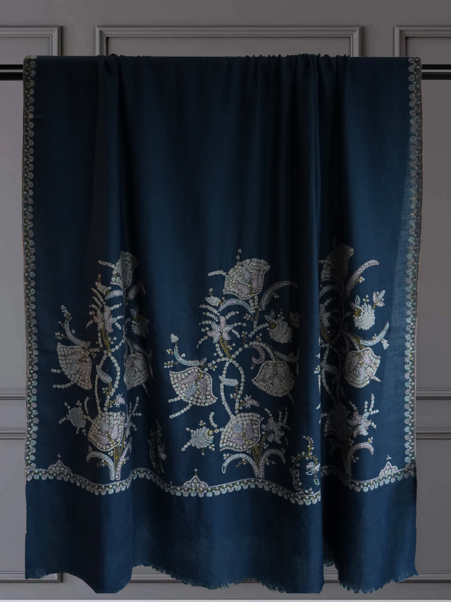 Indigo Bloom Hand Embroidered Pashmina Shawl