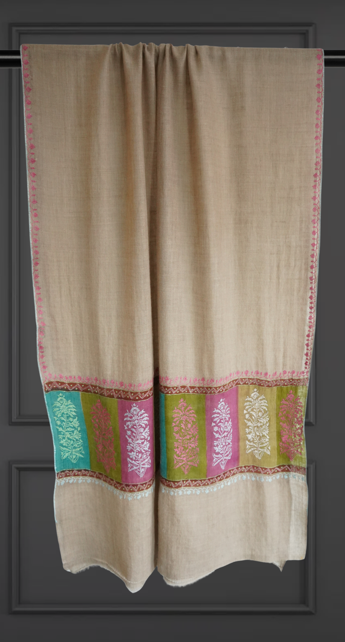 Beige Pashmina Scarf with Sozni Embroidery