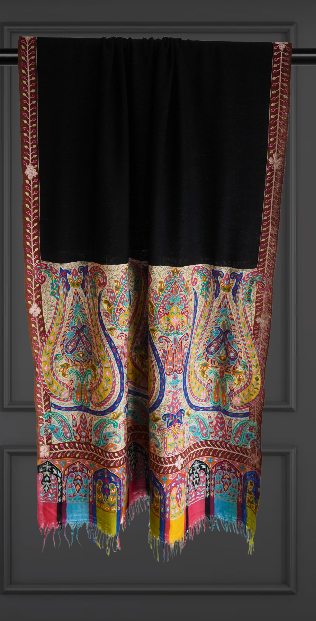 Black Kalamkaar Scarf with Multicolour Paisley