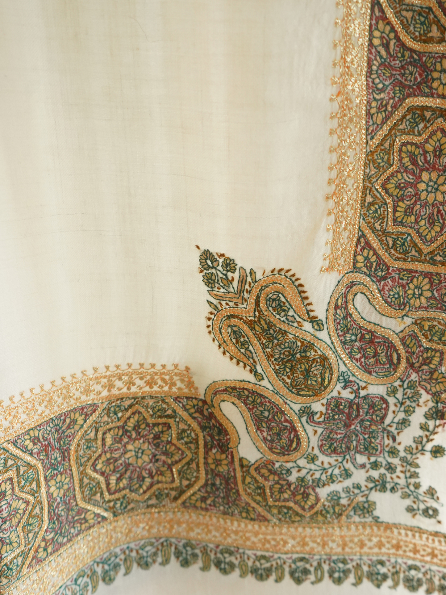 Off-White Pashmina Shawl with Sozni & Gold Tilla Embroidery