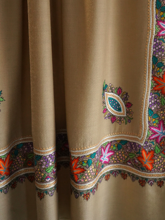 Beige Pashmina Shawl with Papier-Mâché and Gold  and Silver Tilla Embroidery