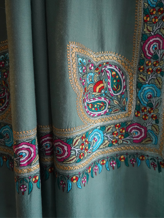 Mint Green Pashmina Shawl with Papier-Mâché and Gold Tilla Embroidery
