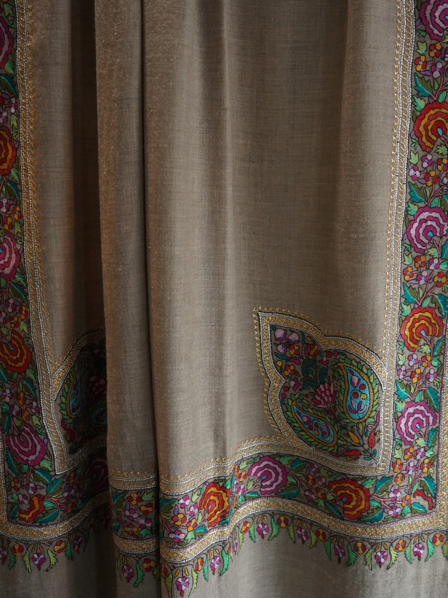 Natural Pashmina Shawl with Papier-Mâché and Gold Tilla Embroidery