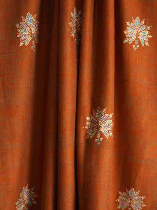 Reversible Brown & Rust Pashmina Shawl with Multicolor Floral Embroidery