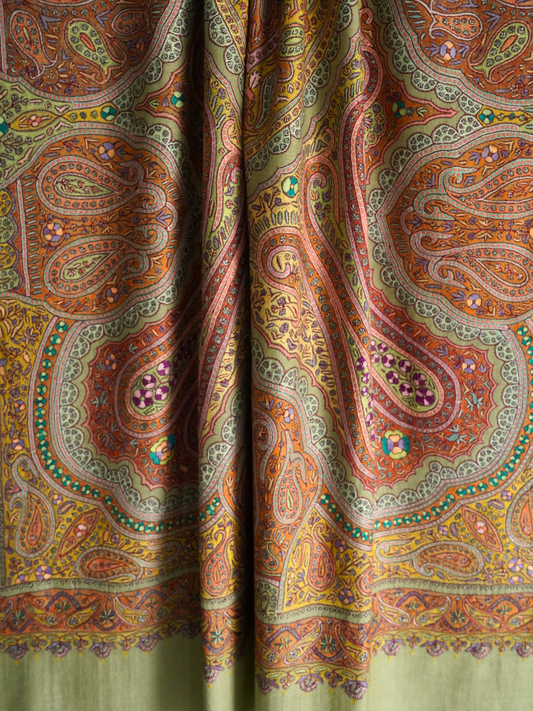 Olive Jamavar Pashmina Shawl with Paisley Motifs