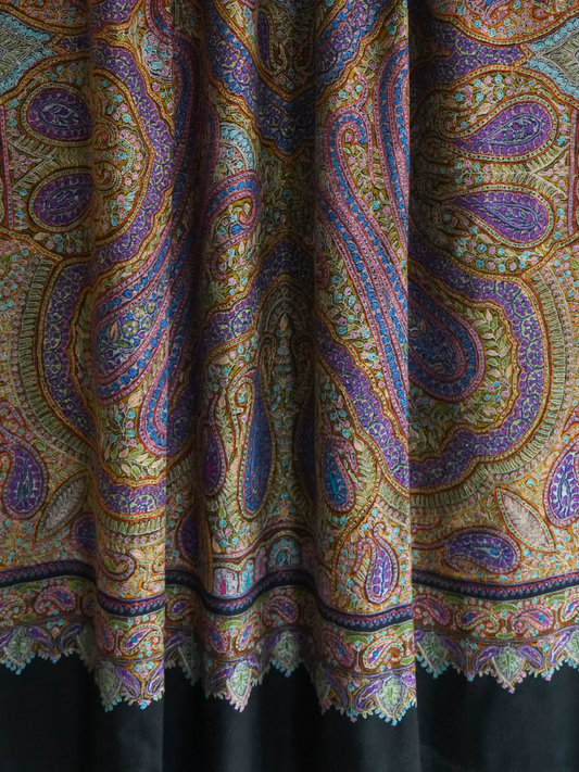 Royal Black Jamavar Pashmina Shawl with Intricate Paisley Motifs